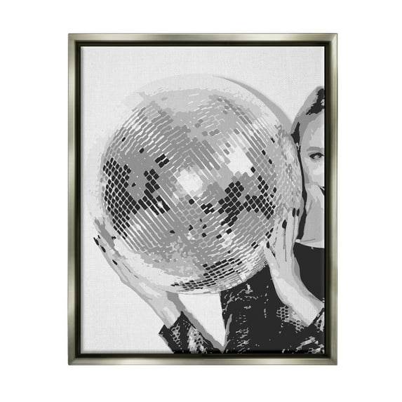 Stupell Industries Vintage Woman Holding Disco Ball Beauty & Fashion Painting Gray Floater Framed Art Print Wall Art