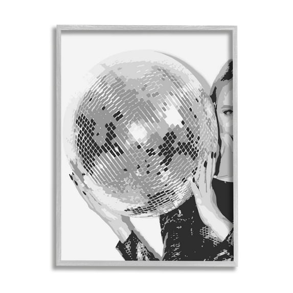 Stupell Industries Vintage Woman Holding Disco Ball Beauty & Fashion Painting Gray Framed Art Print Wall Art