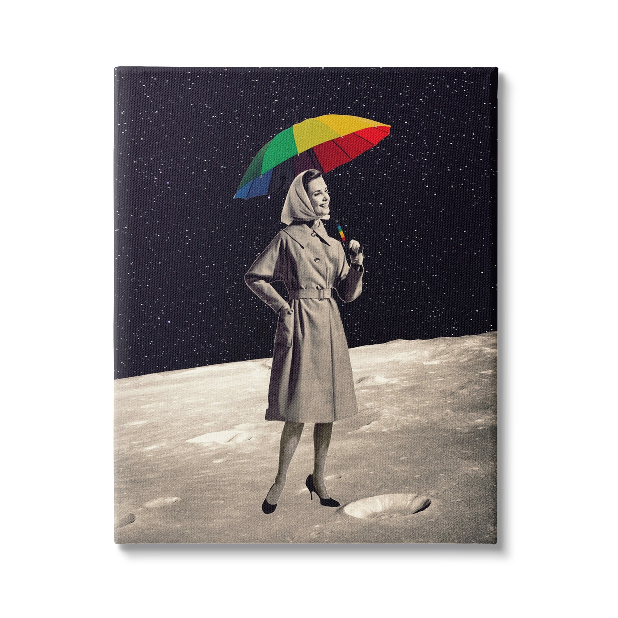 Stupell Industries Vintage Woman Outer Space Moon Rainbow Umbrella Canvas Wall Art, 30 x 40, Design by Daniel Sproul