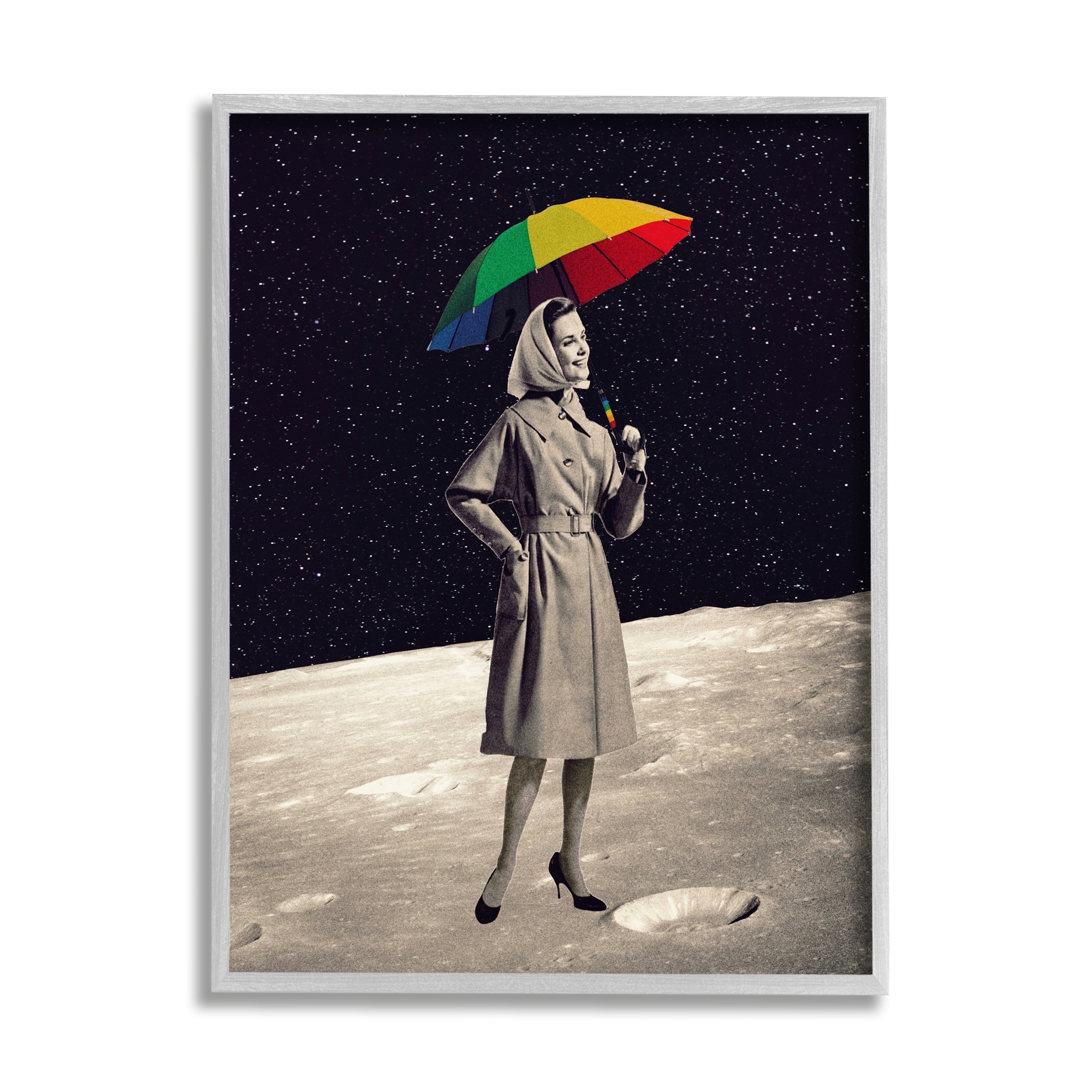Stupell Industries Vintage Woman Outer Space Moon Rainbow Umbrella Framed Wall Art, 11 x 14, Design by Daniel Sproul