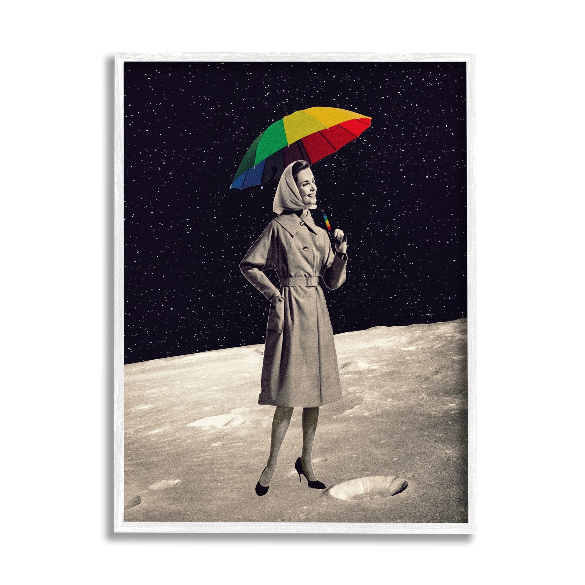 Stupell Industries Vintage Woman Outer Space Moon Rainbow Umbrella Framed Wall Art, 16 x 20, Design by Daniel Sproul