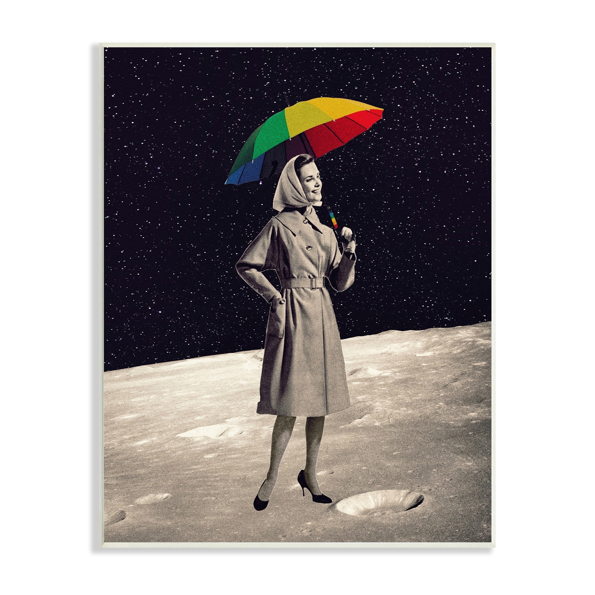 Stupell Industries Vintage Woman Outer Space Moon Rainbow Umbrella Wood Wall Art, 13 x 19, Design by Daniel Sproul