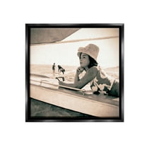 Stupell Industries Vintage Woman Sunbathing Landscape Painting Black Floater Framed Canvas Art Print Wall Art, 18 x 18