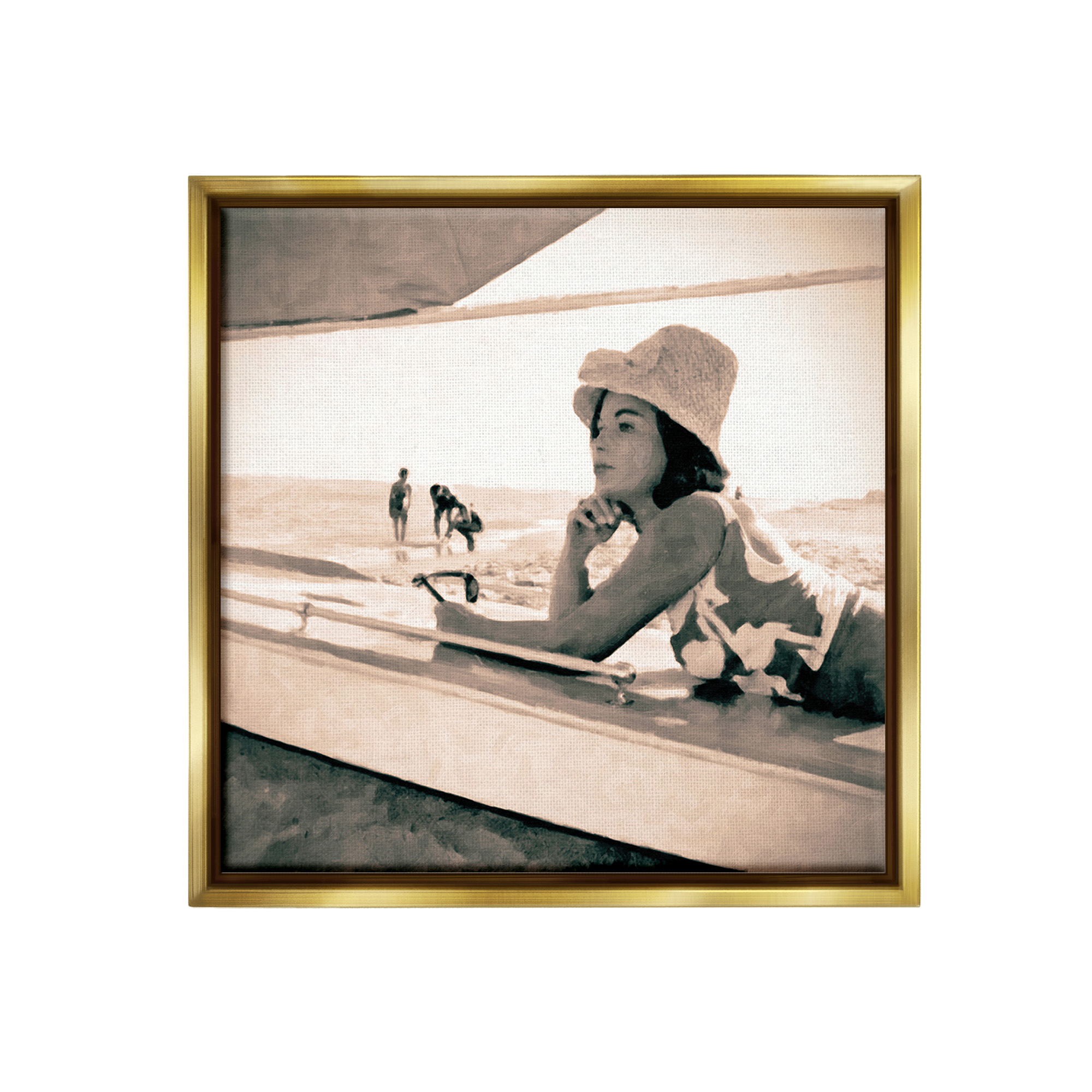 Stupell Industries Vintage Woman Sunbathing Landscape Painting Gold Floater Framed Canvas Art Print Wall Art, 18 x 18
