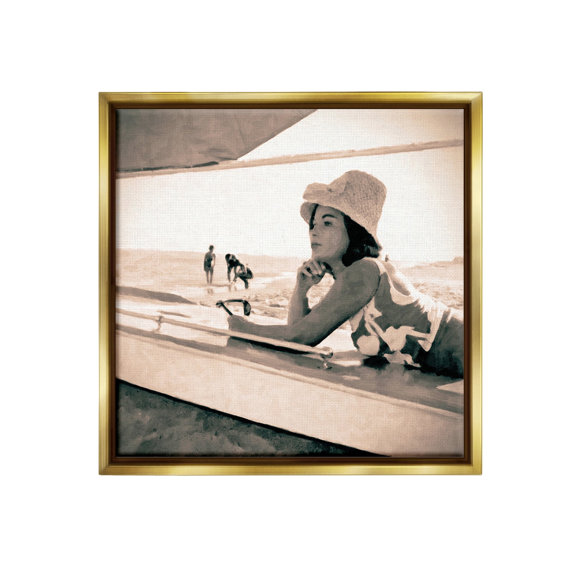 Stupell Industries Vintage Woman Sunbathing Landscape Painting Gold Floater Framed Canvas Art Print Wall Art, 25 x 25
