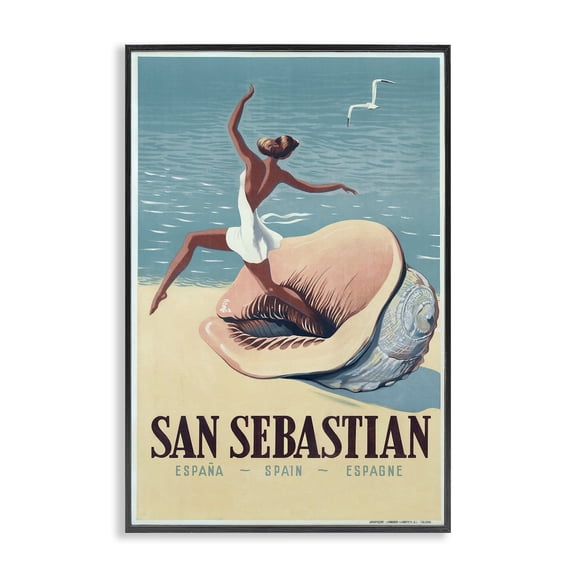 Stupell Industries Vintage Woman on Beach Advertisement Advertisements Painting Black Framed Art Print Wall Art, 12 x 18