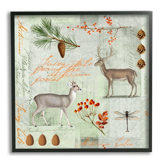 Stupell Industries Vintage Woodland Postcard Animals & Insects Painting Black Framed Art Print Wall Art, 17 x 17