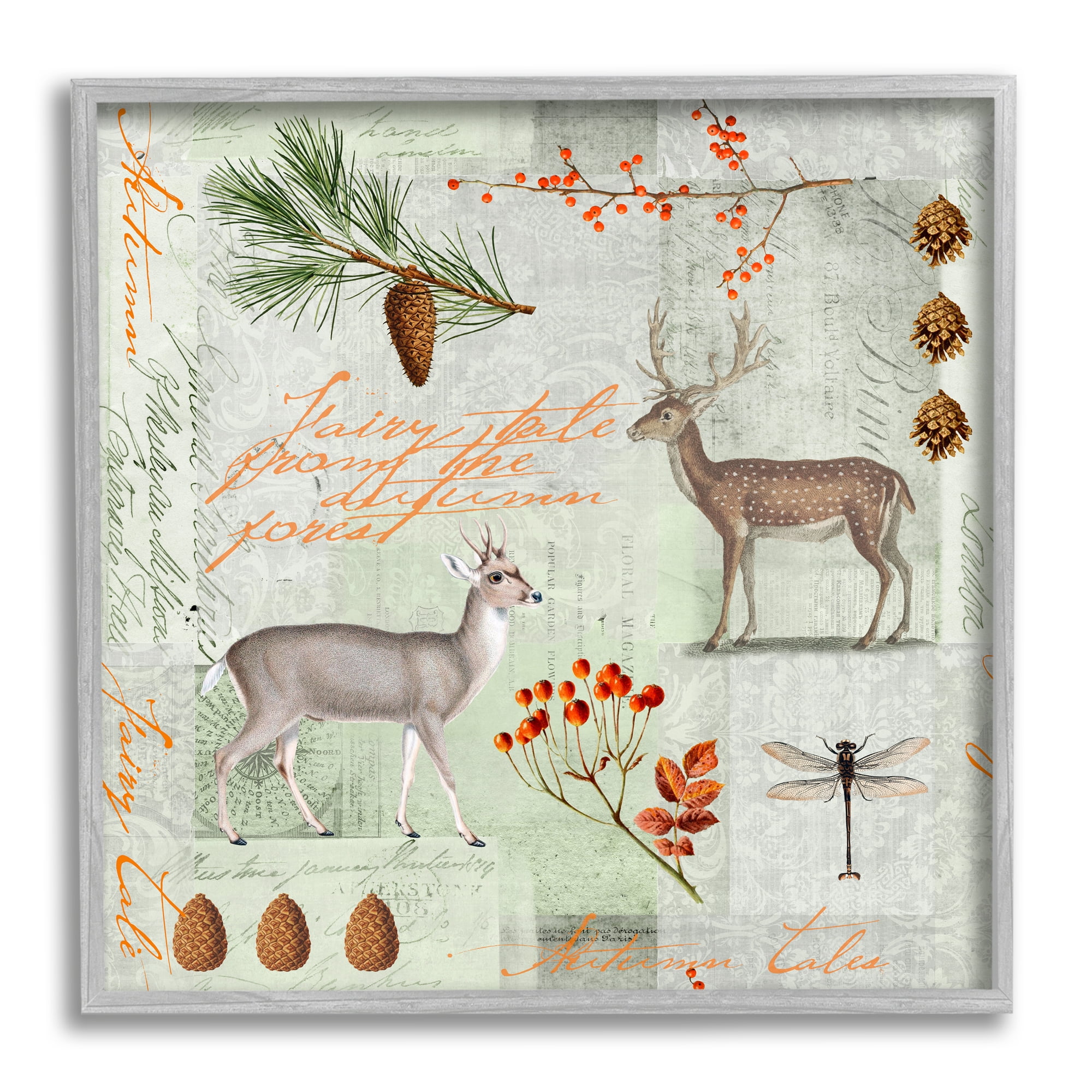 Stupell Industries Vintage Woodland Postcard Animals & Insects Painting Gray Framed Art Print Wall Art, 12 x 12