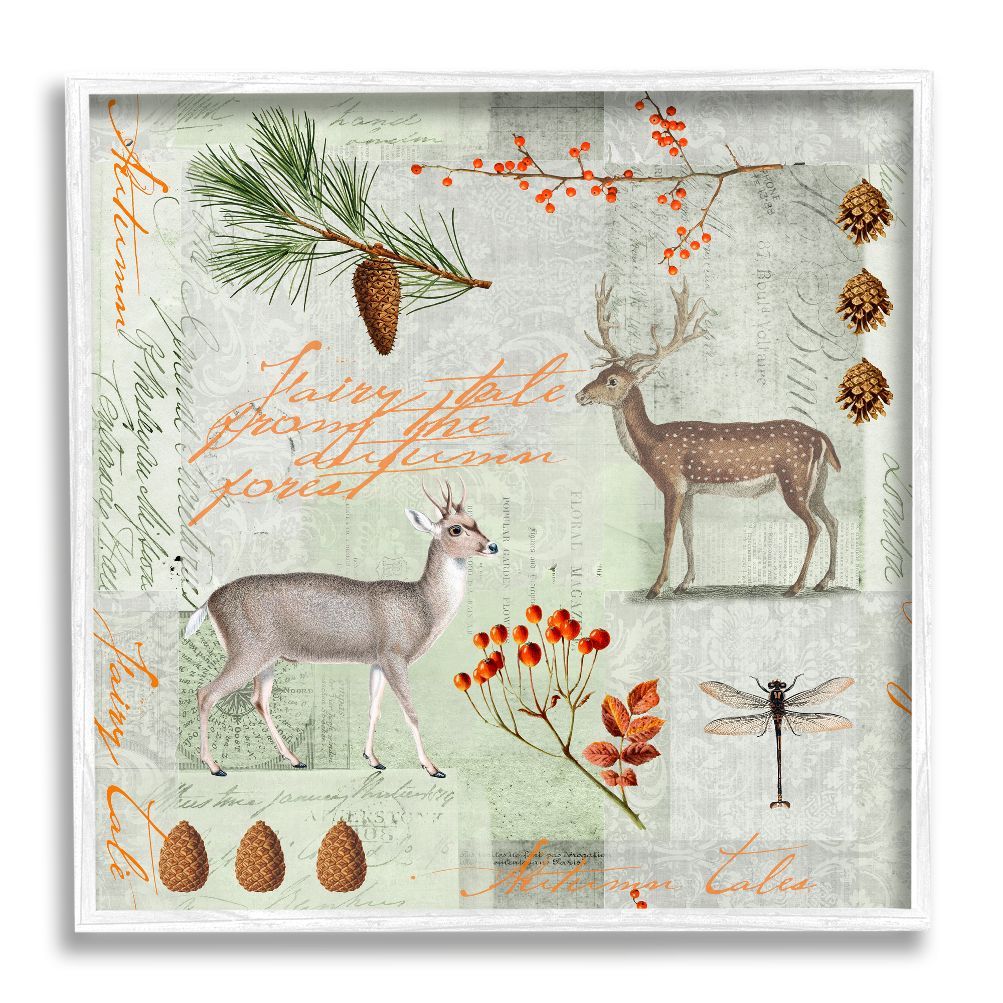 Stupell Industries Vintage Woodland Postcard Animals & Insects Painting White Framed Art Print Wall Art, 17 x 17