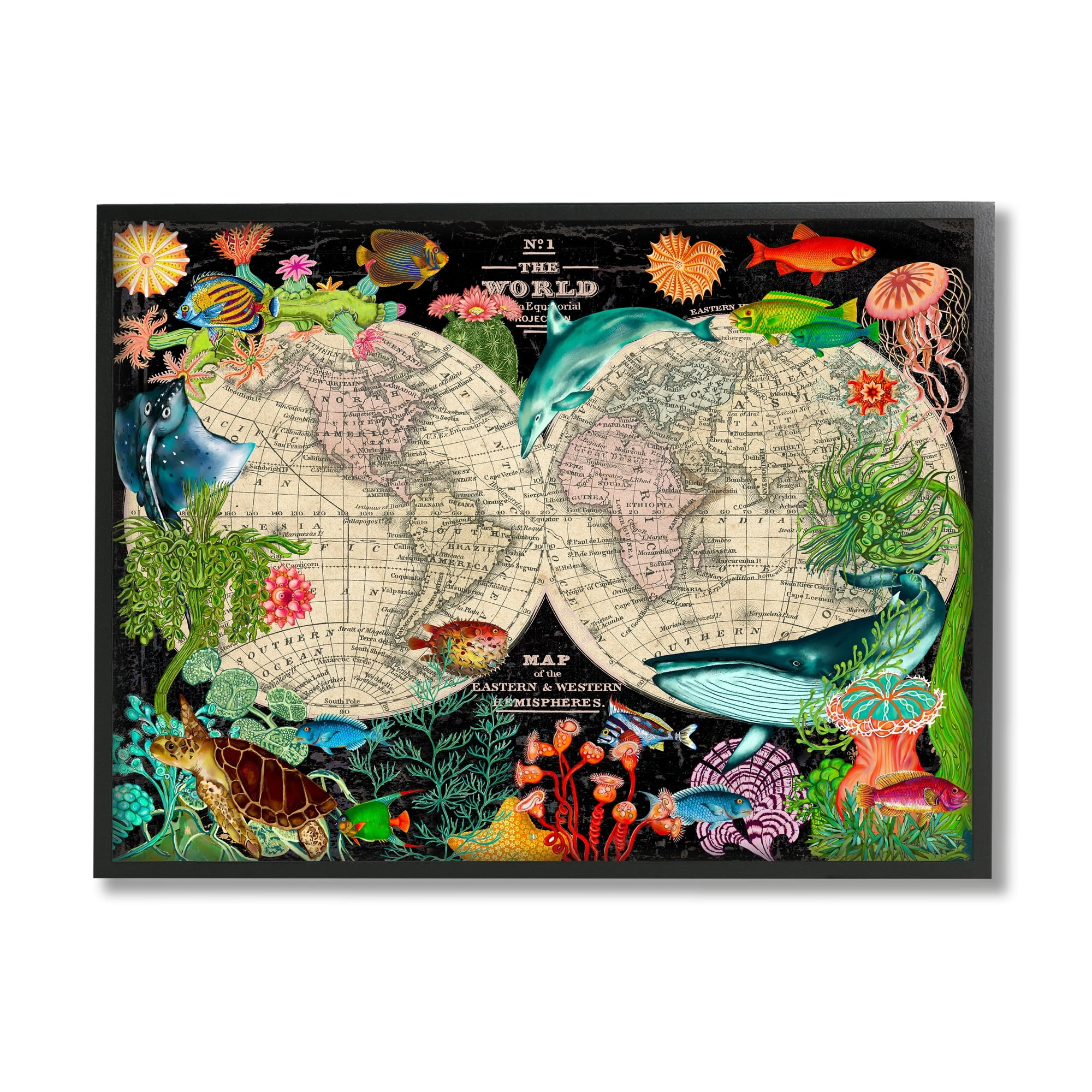 Stupell Industries Vintage World Hemisphere Map Vibrant Marine Animal Illustrations, 14 x 11,Design by Sangita Bachelet