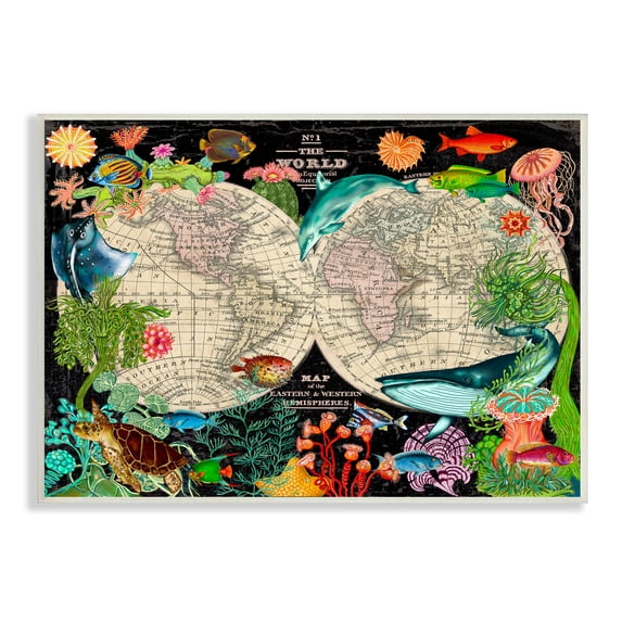 Stupell Industries Vintage World Hemisphere Map Vibrant Marine Animal Illustrations, 15 x 10,Design by Sangita Bachelet
