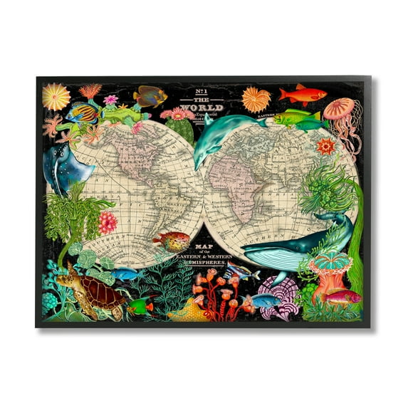 Stupell Industries Vintage World Hemisphere Map Vibrant Marine Animal Illustrations, 30 x 24,Design by Sangita Bachelet
