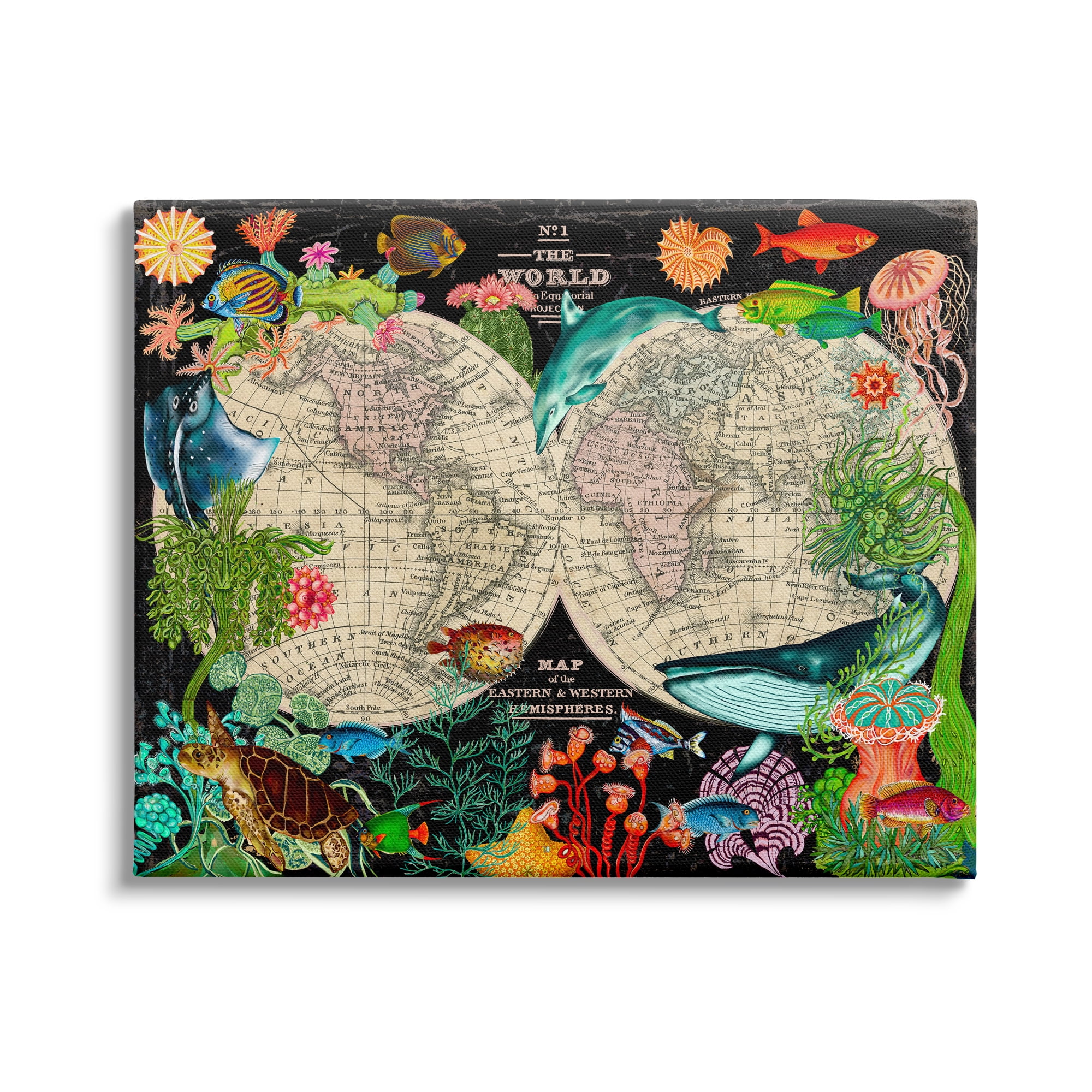 Stupell Industries Vintage World Hemisphere Map Vibrant Marine Animal Illustrations, 40 x 30,Design by Sangita Bachelet