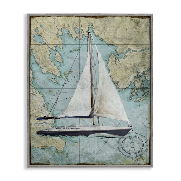 Stupell Industries Traditional Vintage World Map Sail Boat Ocean Coast Gray Framed Giclee Art, 11 x 14, by Art Licensing Studio