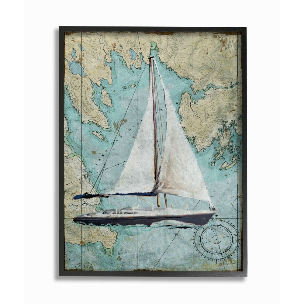 Vintage World Map Sail Boat Black Framed Acrylic Painting