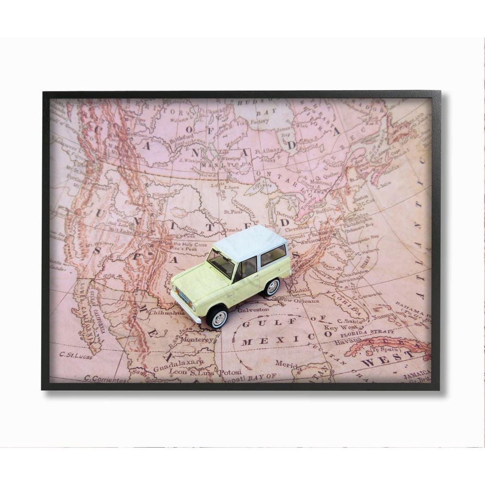 Stupell Industries Vintage World Traveler Retro Automobile Pink Map Framed Wall Art Design by Daphne Polselli, 16" x 20", Black Framed