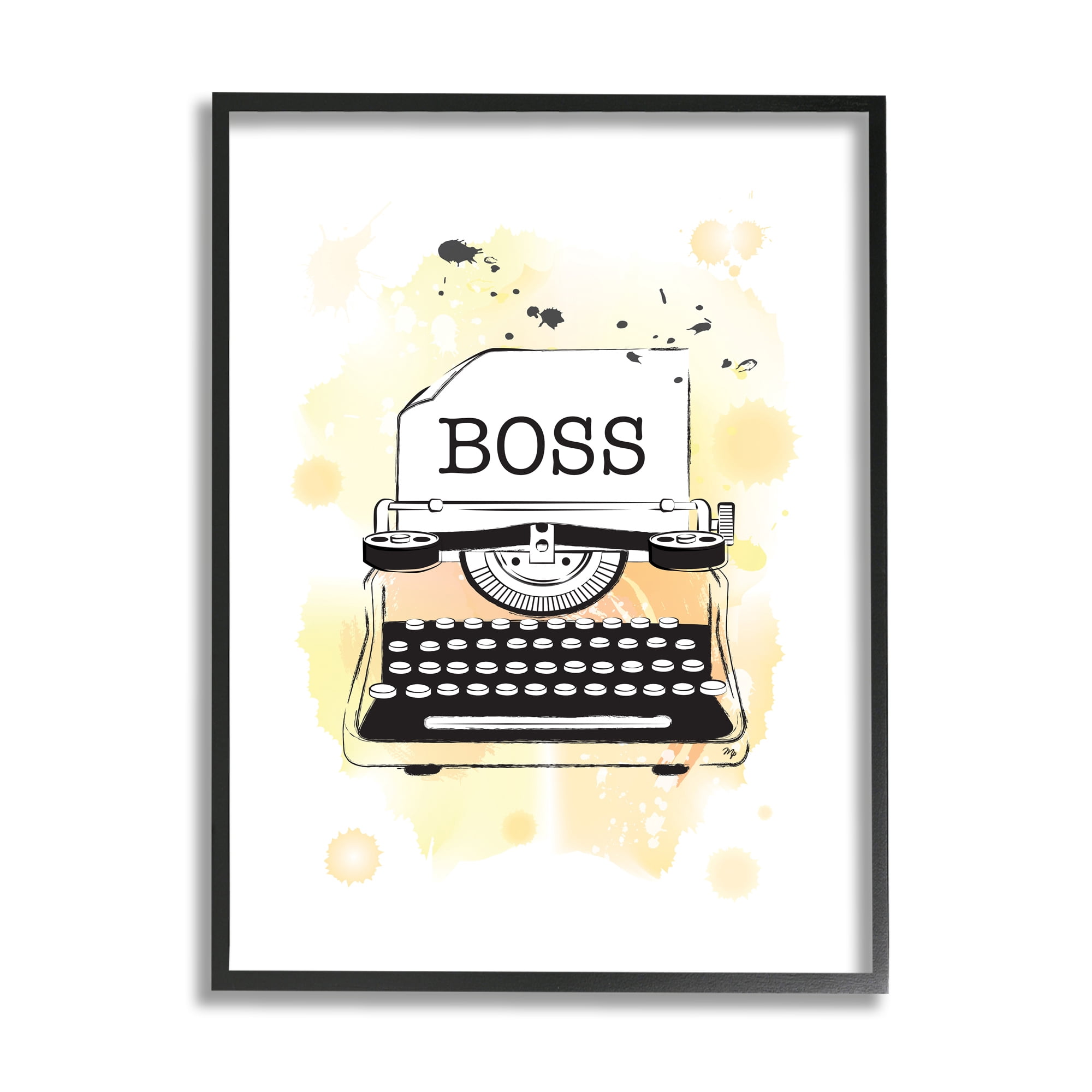 Stupell Industries Vintage Yellow Typewriter Boss Text Abstract Splash Typography Painting Black Framed Art Print Wall Art, 24 x 30