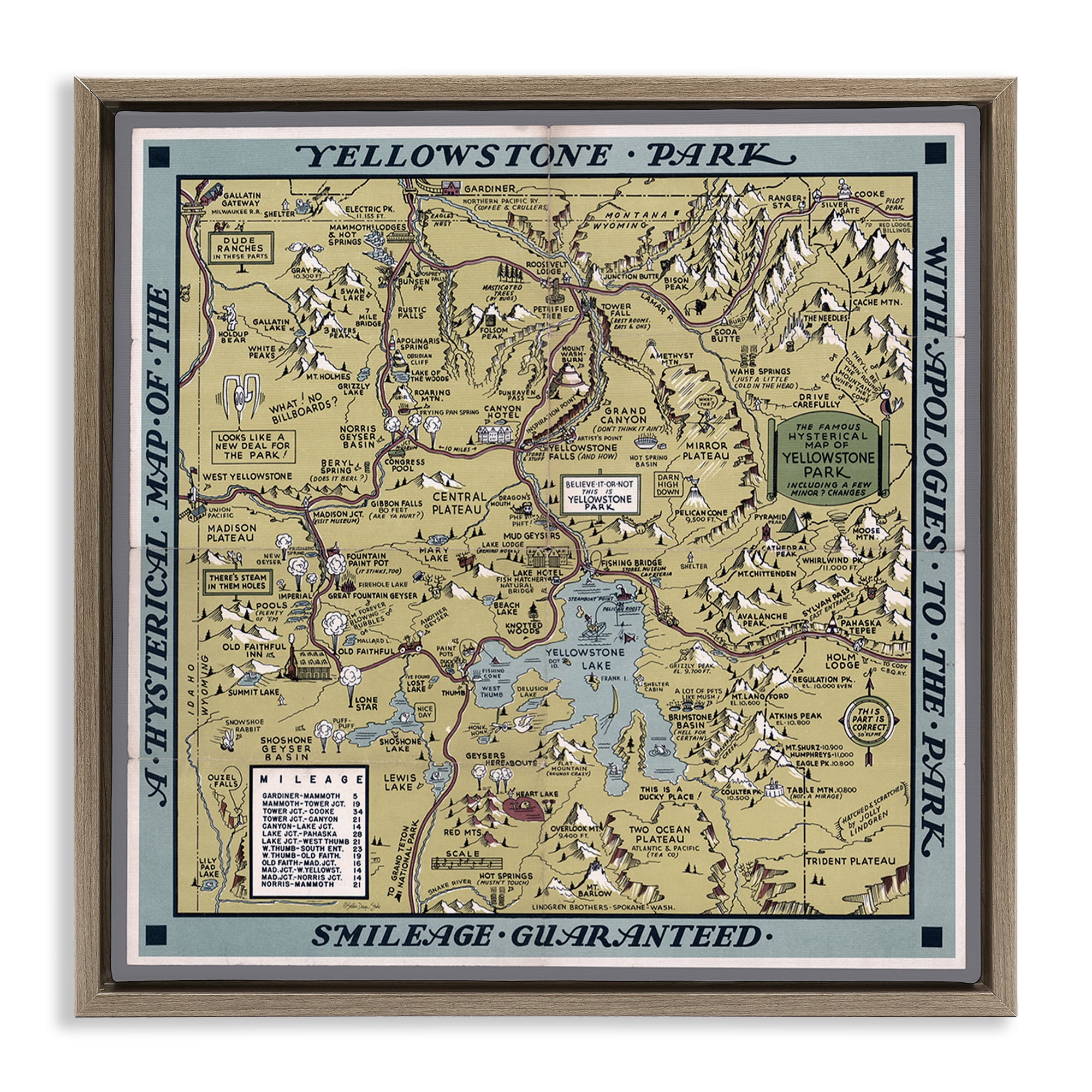 Stupell Industries Vintage Yellowstone Map History & Language Painting Brown Floater Framed Canvas Art Print Wall Art, 18 x 18