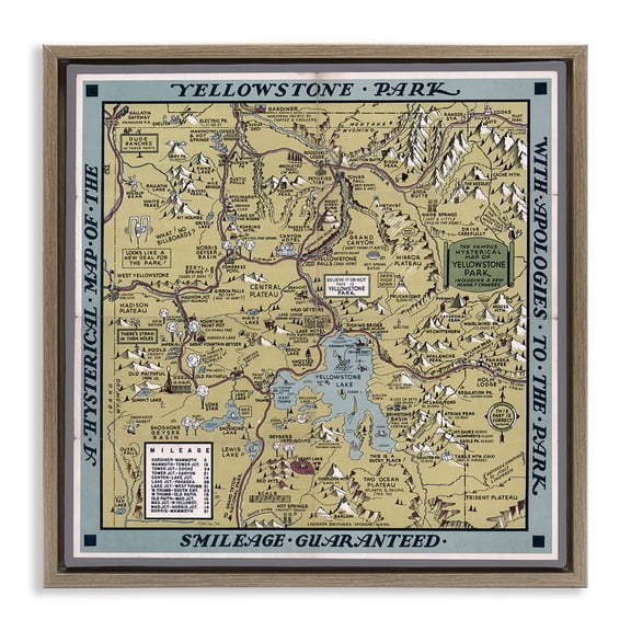 Stupell Industries Vintage Yellowstone Map History & Language Painting Brown Floater Framed Canvas Art Print Wall Art, 25 x 25