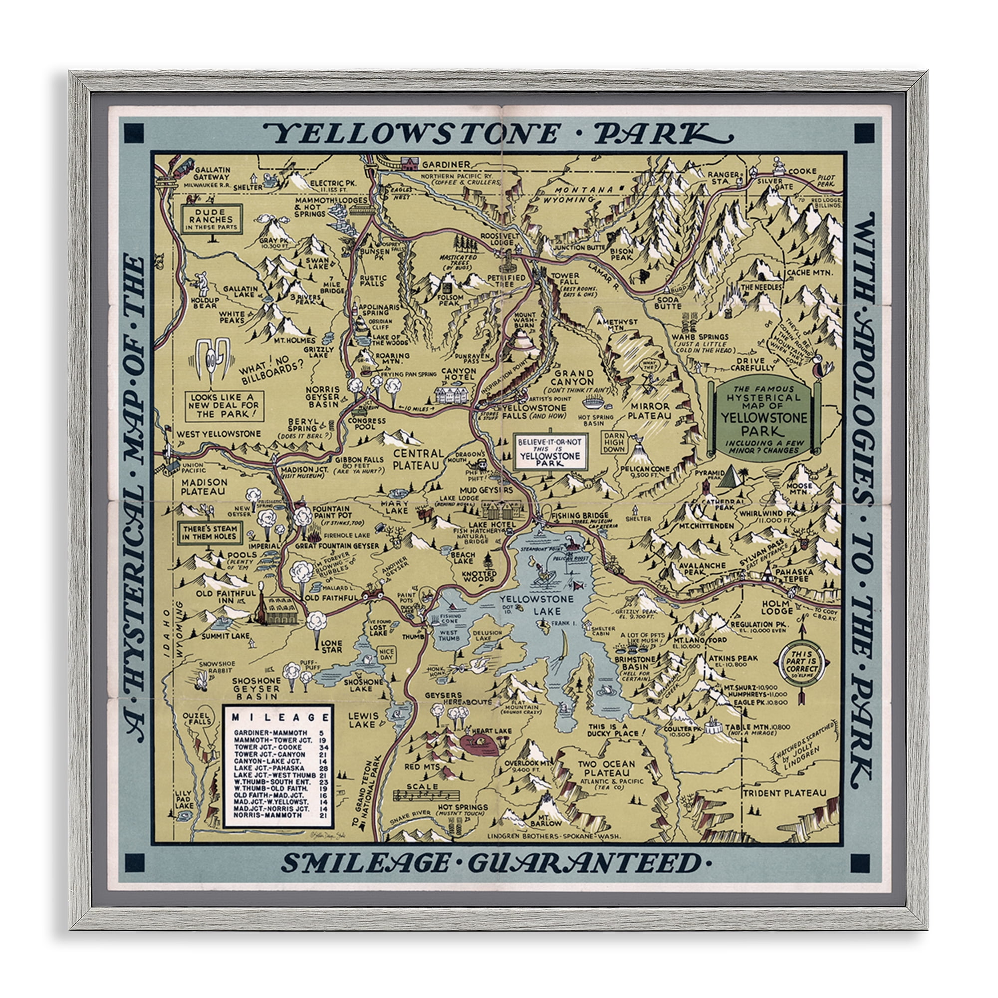 Stupell Industries Vintage Yellowstone Map History & Language Painting Gray Framed Art Print Wall Art, 12 x 12