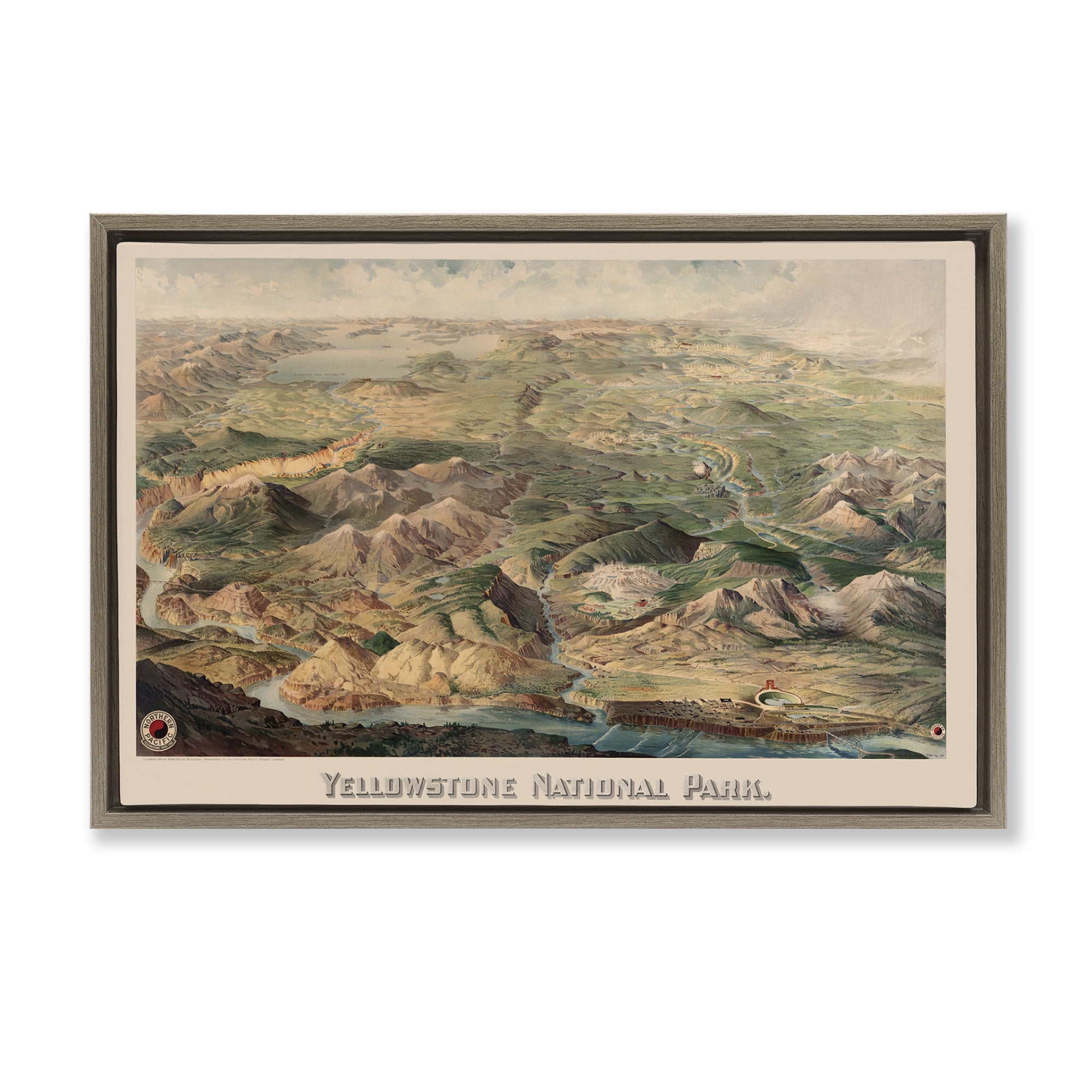 Stupell Industries Vintage Yellowstone Park Landscape Painting Brown Floater Framed Art Print Wall Art, 25 x 17