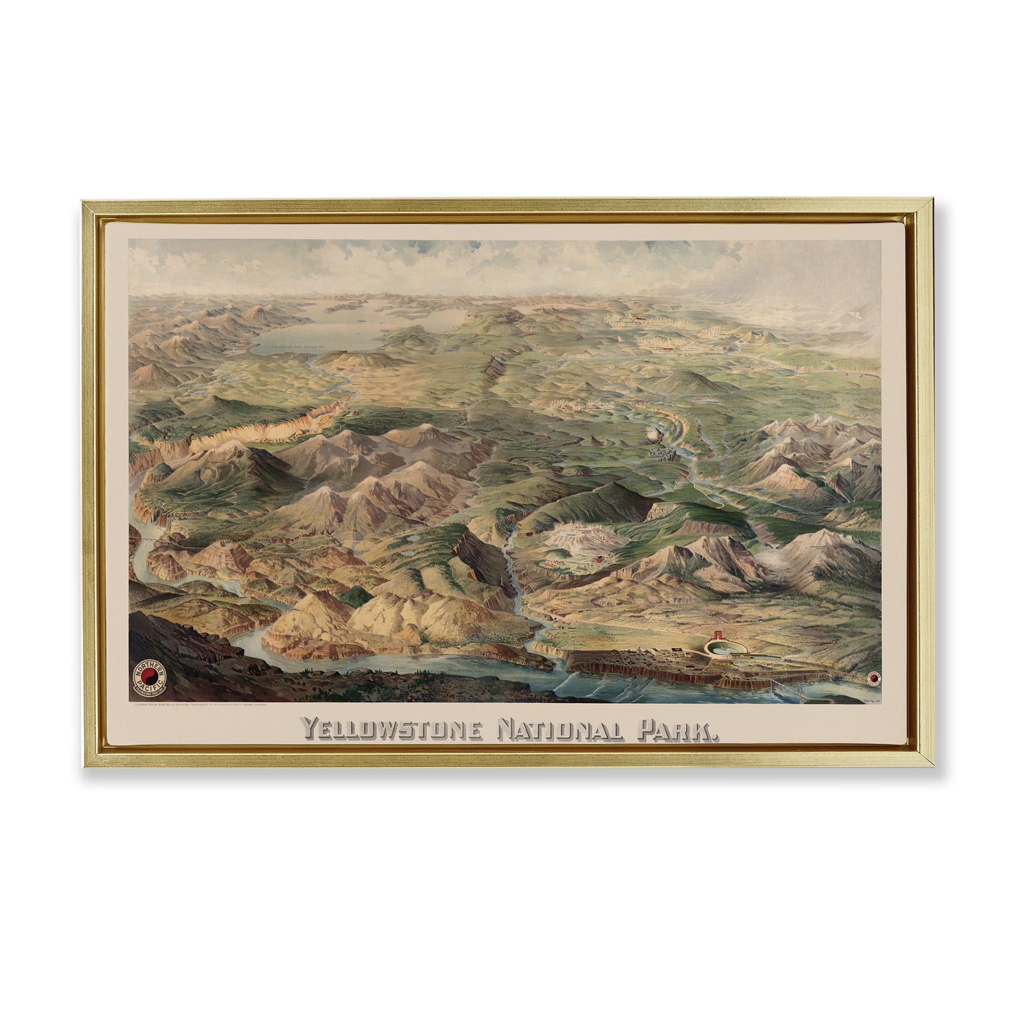 Stupell Industries Vintage Yellowstone Park Landscape Painting Gold Floater Framed Art Print Wall Art, 25 x 17