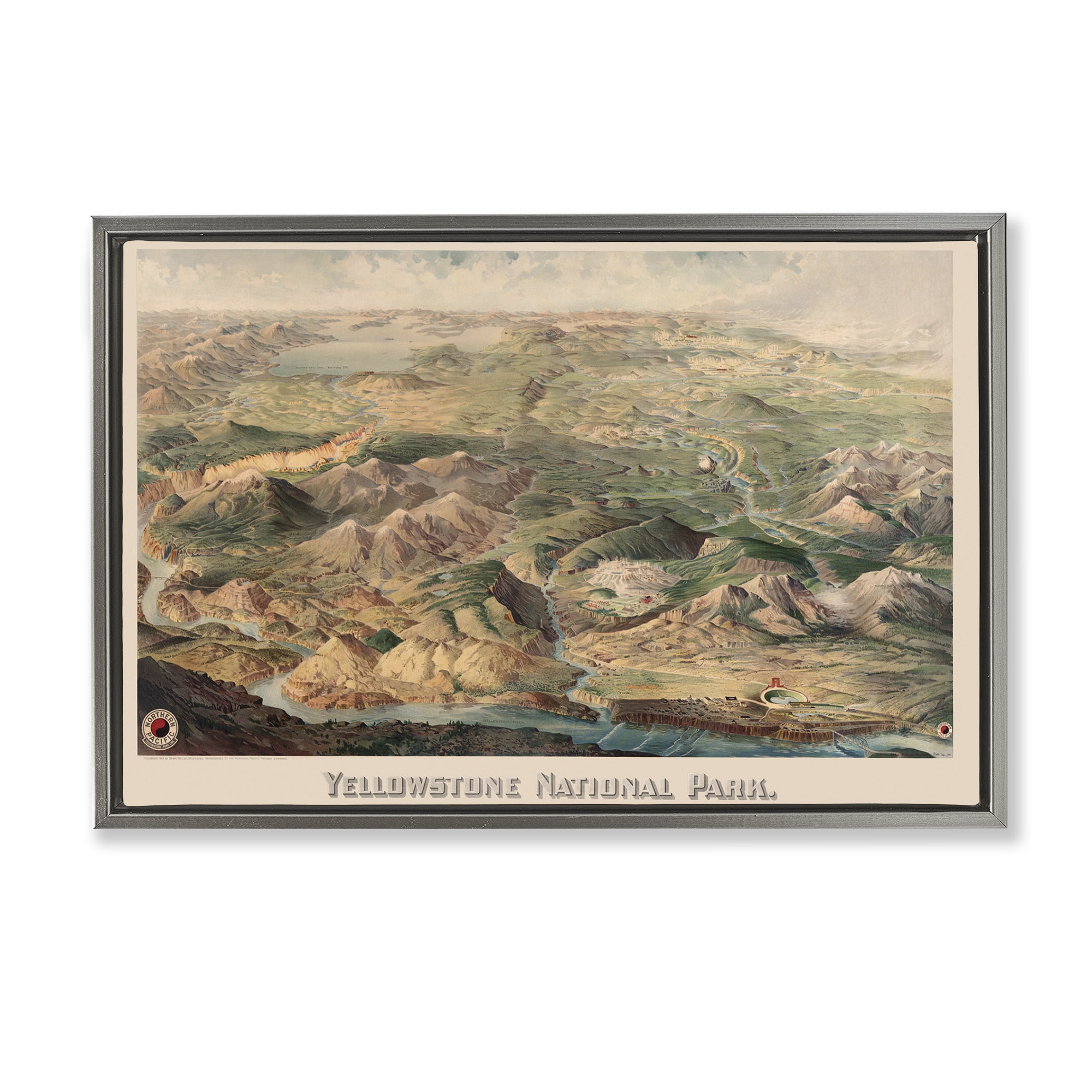 Stupell Industries Vintage Yellowstone Park Landscape Painting Gray Floater Framed Art Print Wall Art, 25 x 17