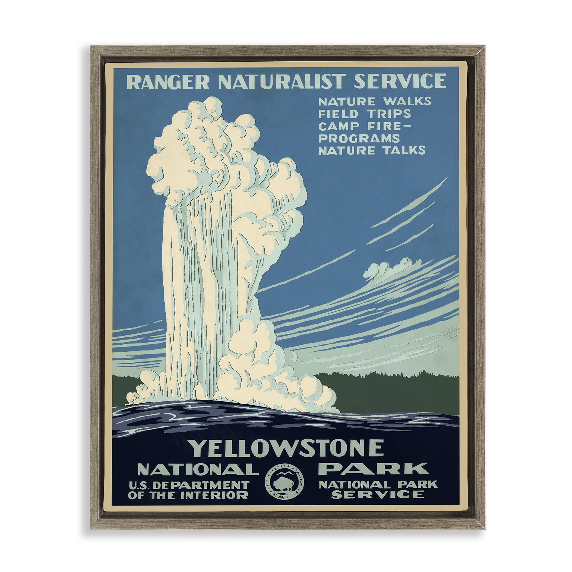 Stupell Industries Vintage Yellowstone Poster Landscape Painting Brown Floater Framed Art Print Wall Art, 17 x 21
