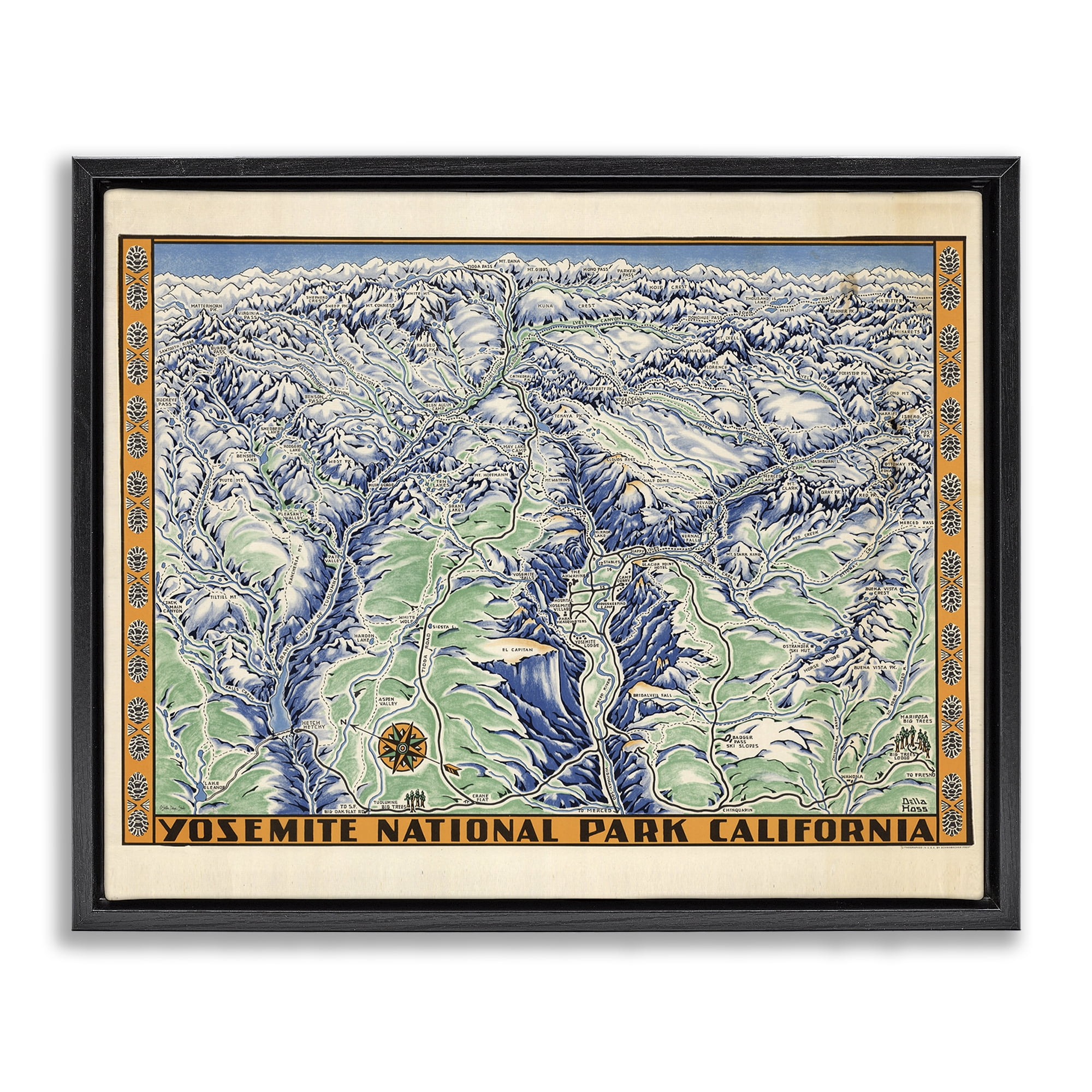 Stupell Industries Vintage Yosemite Map Town & City Painting Black Floater Framed Art Print Wall Art, 31 x 25