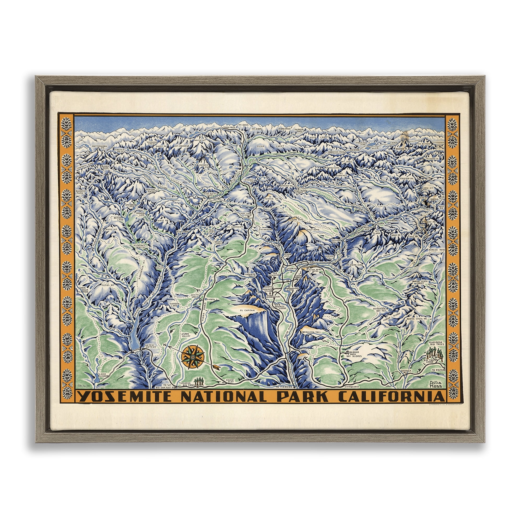 Stupell Industries Vintage Yosemite Map Town & City Painting Brown Floater Framed Art Print Wall Art, 21 x 17