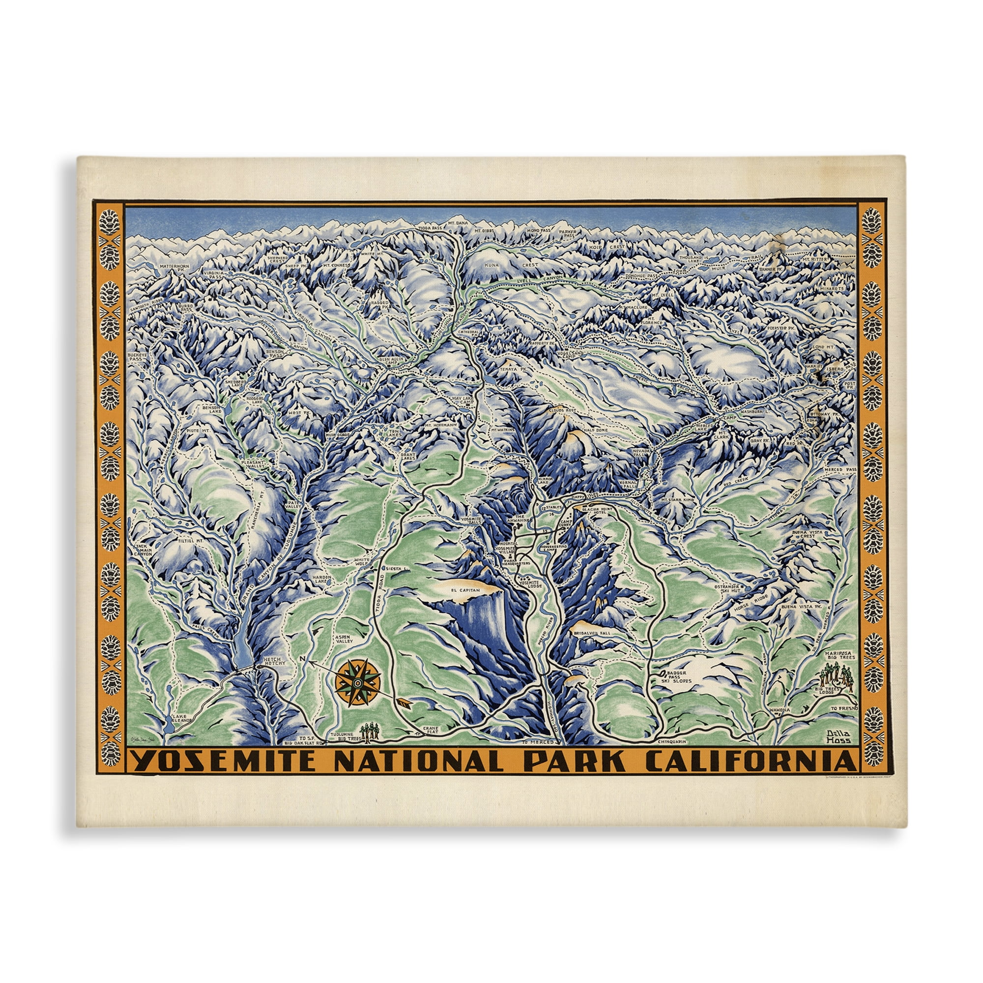 Stupell Industries Vintage Yosemite Map Town & City Painting Gallery Wrapped Canvas Art Print Wall Art, 30 x 24