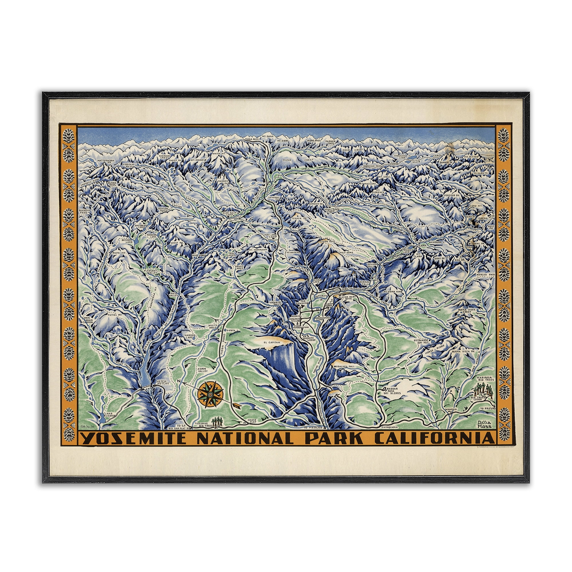 Stupell Industries Vintage Yosemite Map Travel & Places Painting Black Framed Art Print Wall Art, 14 x 11