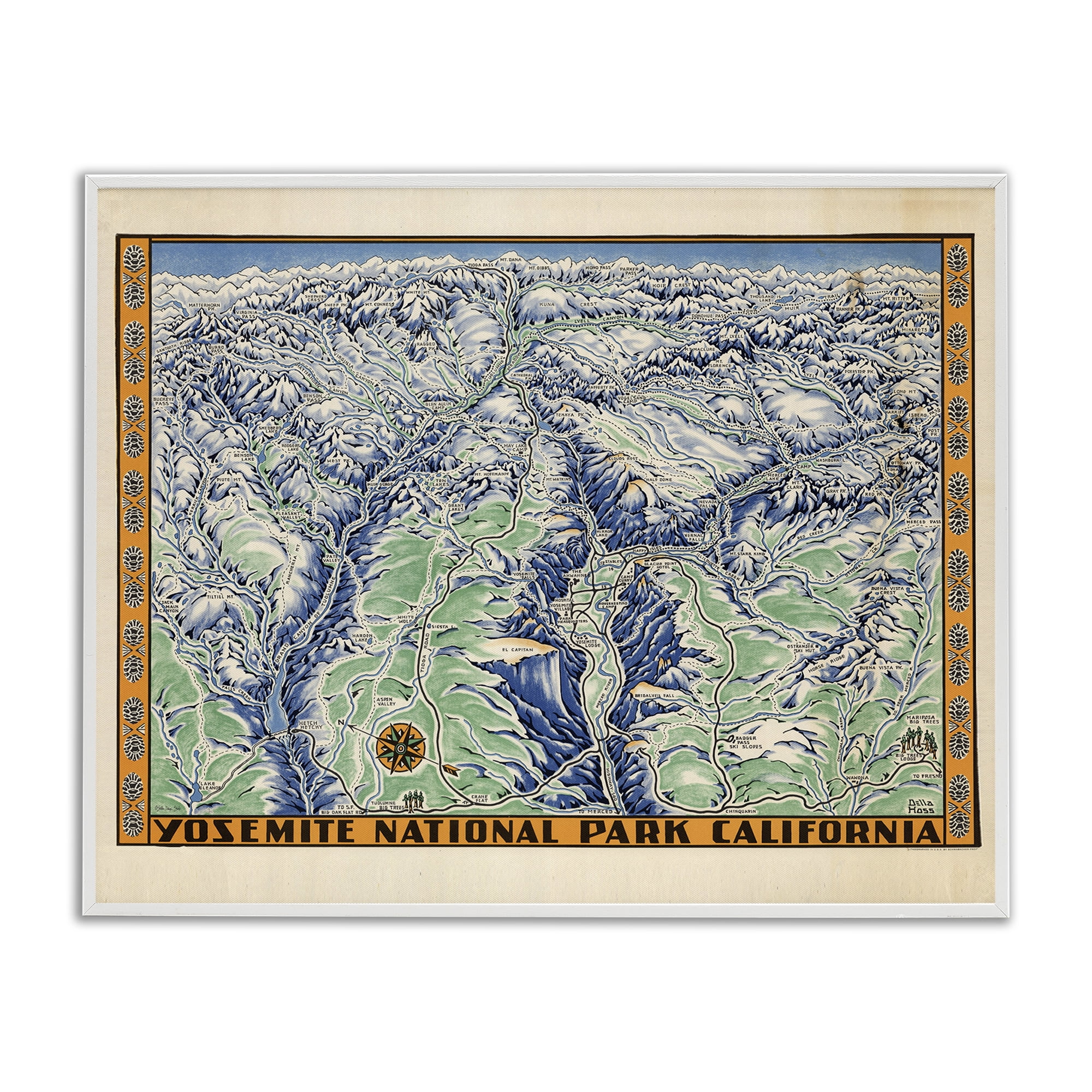Stupell Industries Vintage Yosemite Map Travel & Places Painting White Framed Art Print Wall Art, 30 x 24