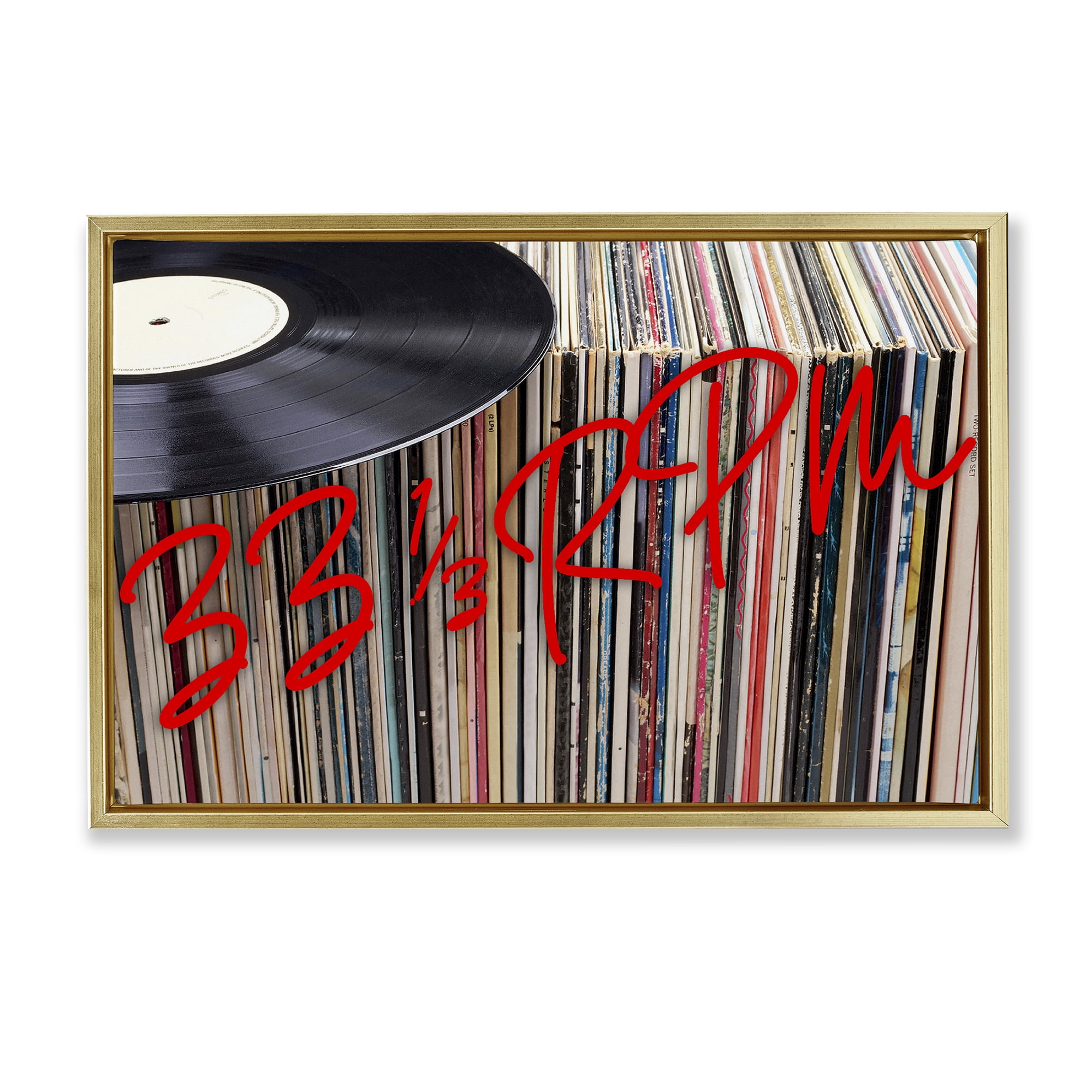 Stupell Industries Vinyl Record Stack Collection Gold Framed Floater Canvas Wall Art, design by Lil' Rue