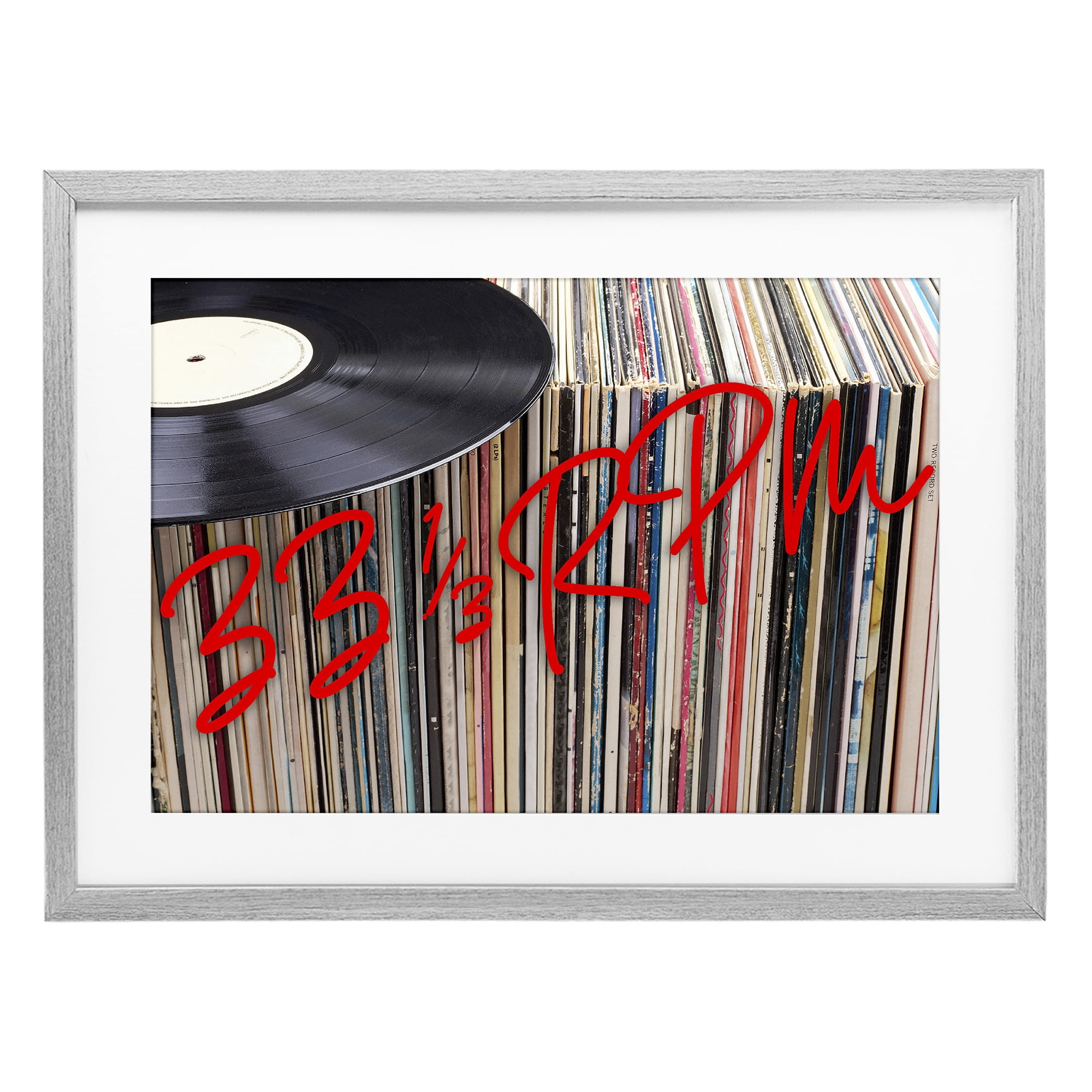 Stupell Industries Vinyl Record Stack Collection Gray Framed Print Under Glass, design by Lil' Rue