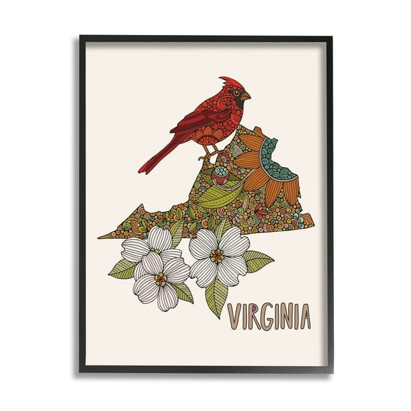 Stupell Industries Virginia Cardinal Bird Intricate Dogwood Floral Pattern Graphic Art Black Framed Art Print Wall Art, Design by Valentina Harper