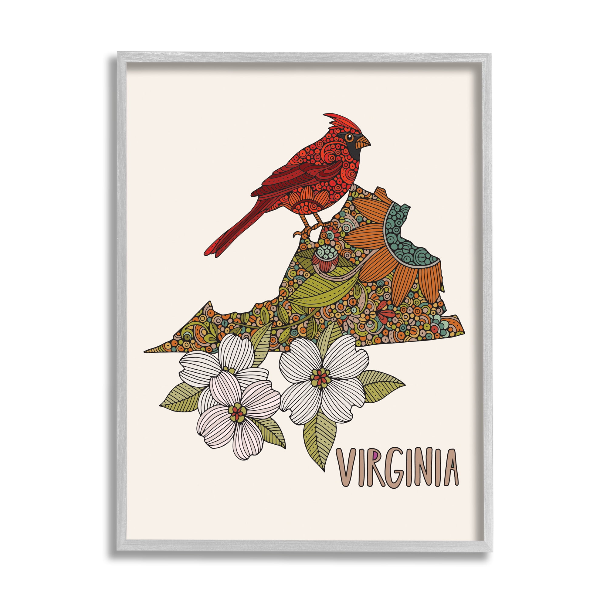 Stupell Industries Virginia Cardinal Bird Intricate Dogwood Floral Pattern Graphic Art Gray Framed Art Print Wall Art, Design by Valentina Harper