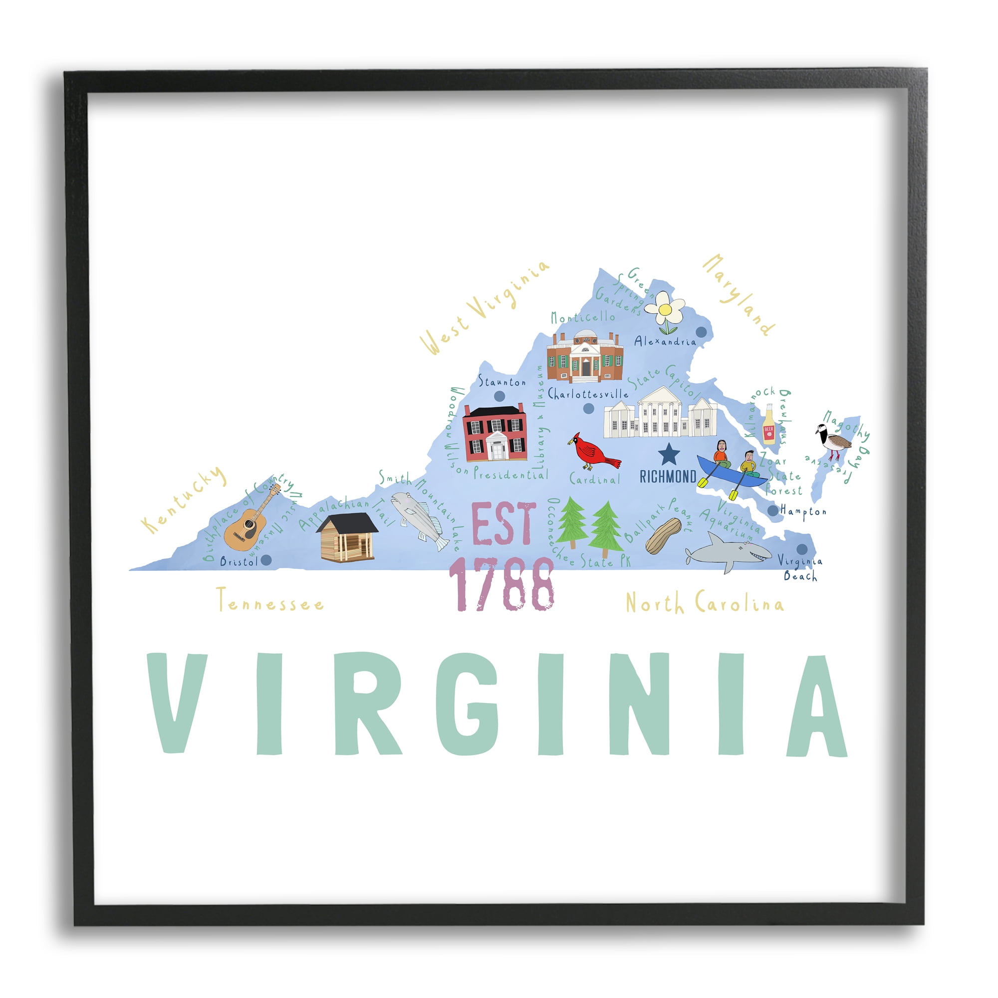 Stupell Industries Virginia State Educational Map Travel & Places Painting Black Framed Art Print Wall Art