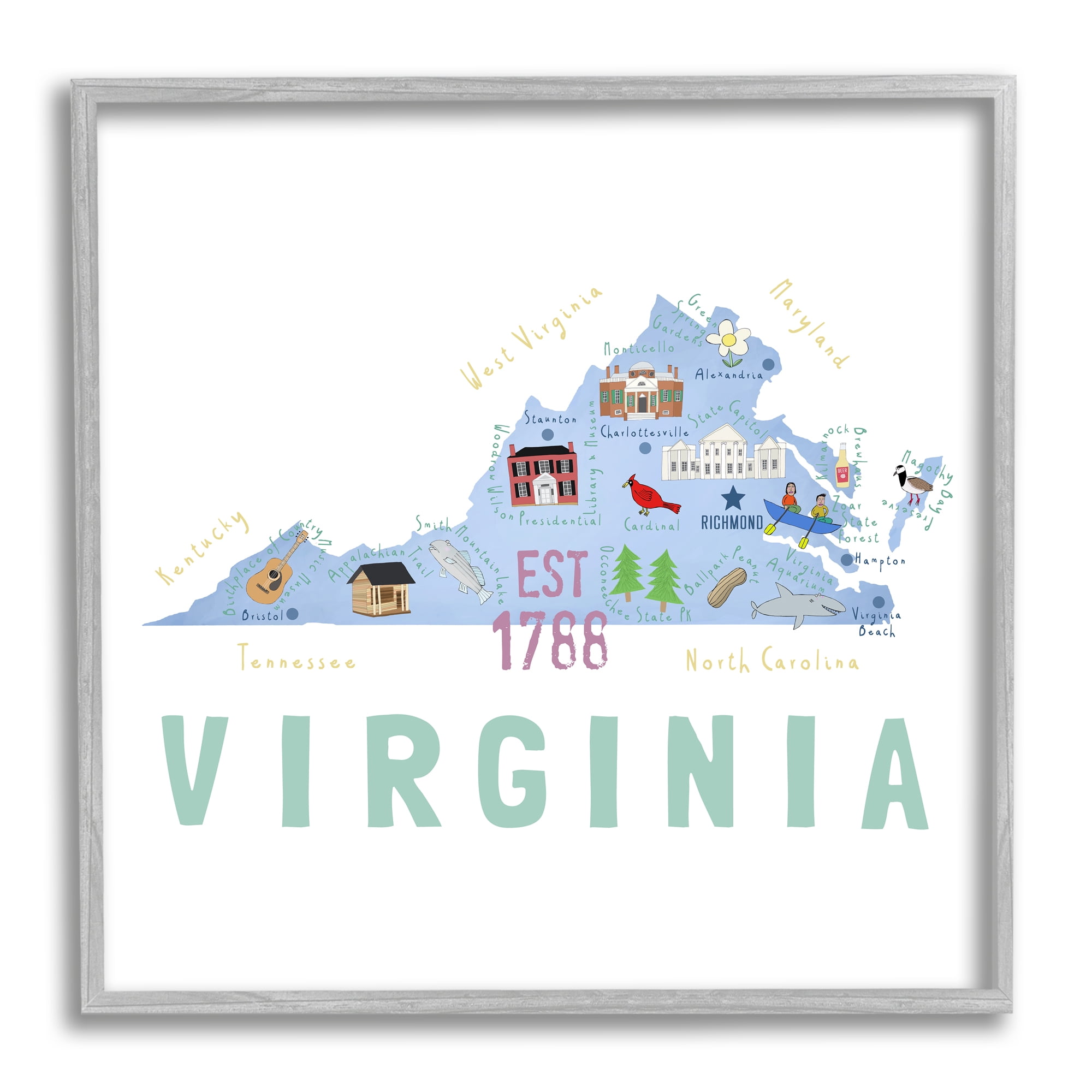 Stupell Industries Virginia State Educational Map Travel & Places Painting Gray Framed Art Print Wall Art