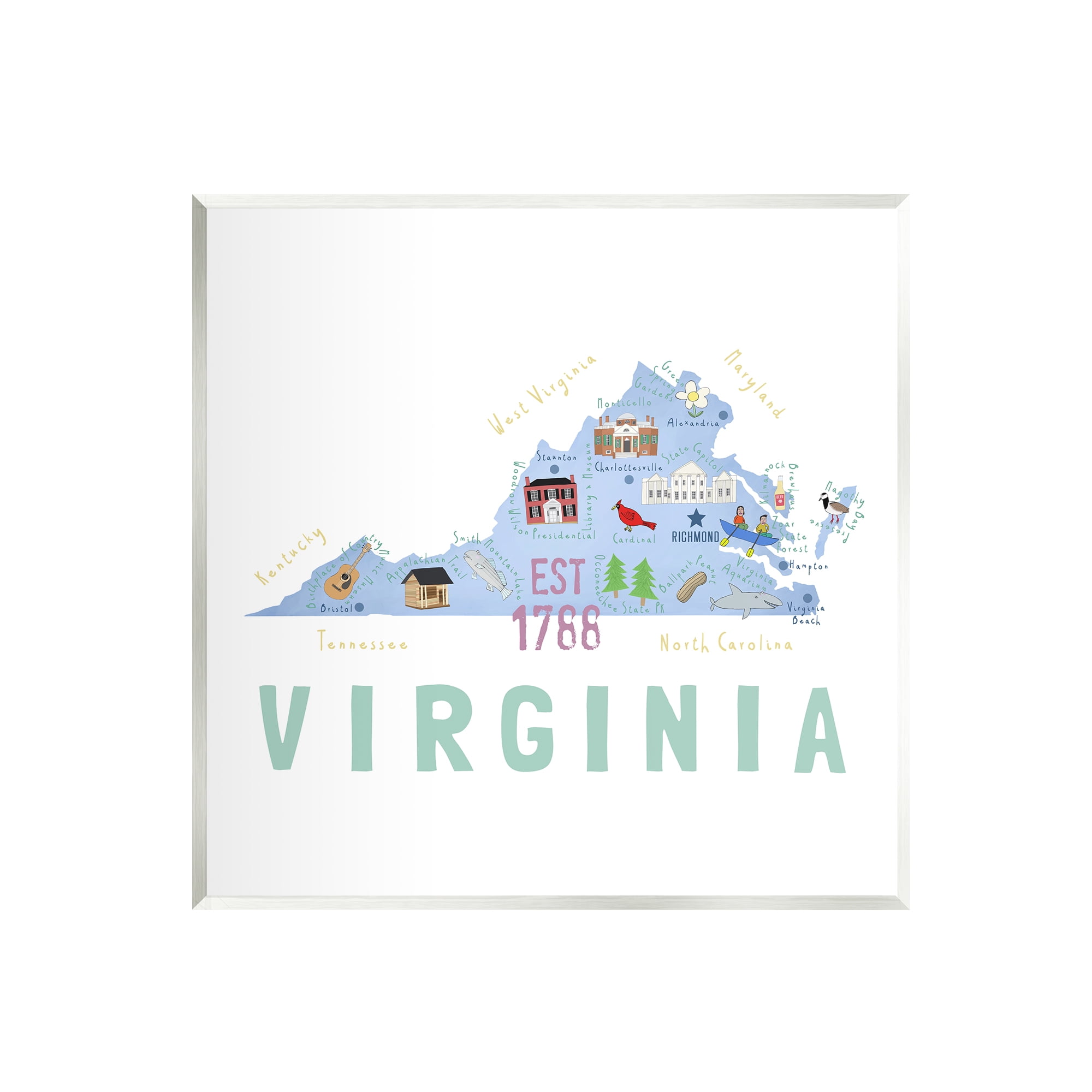 Stupell Industries Virginia State Educational Map Travel & Places Painting Unframed Art Print Wall Art