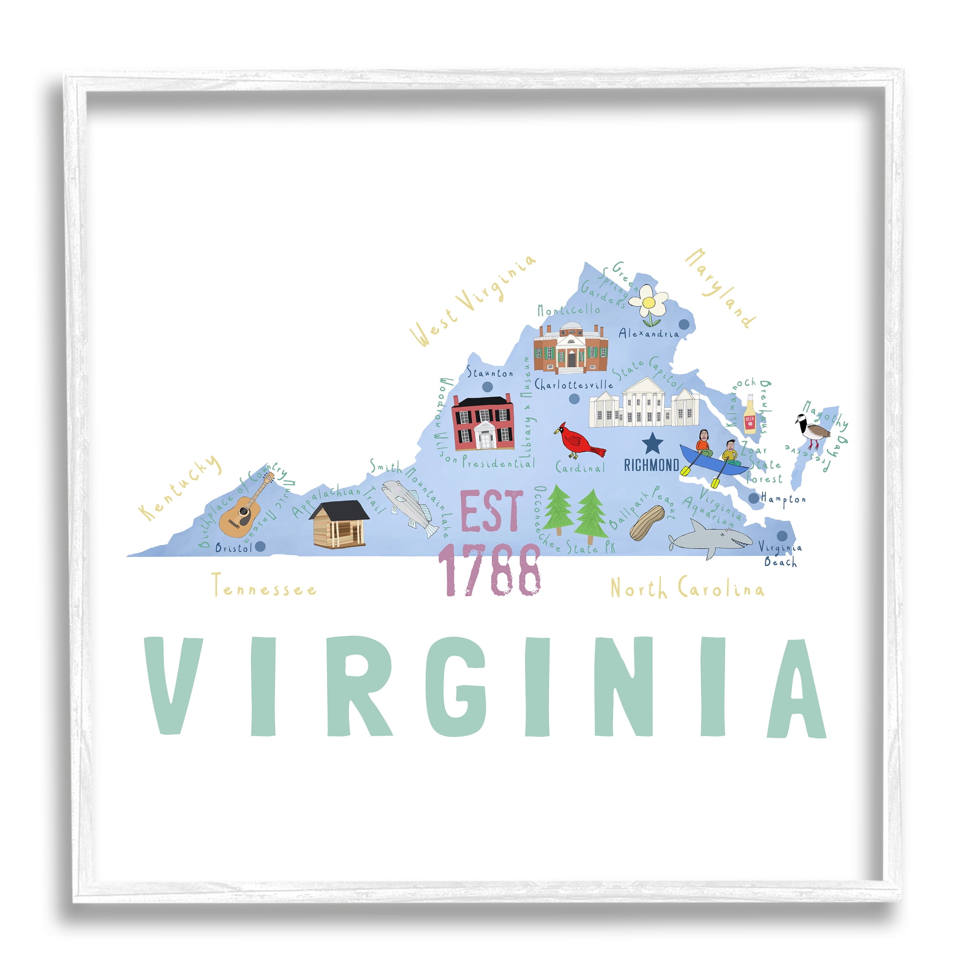 Stupell Industries Virginia State Educational Map Travel & Places Painting White Framed Art Print Wall Art
