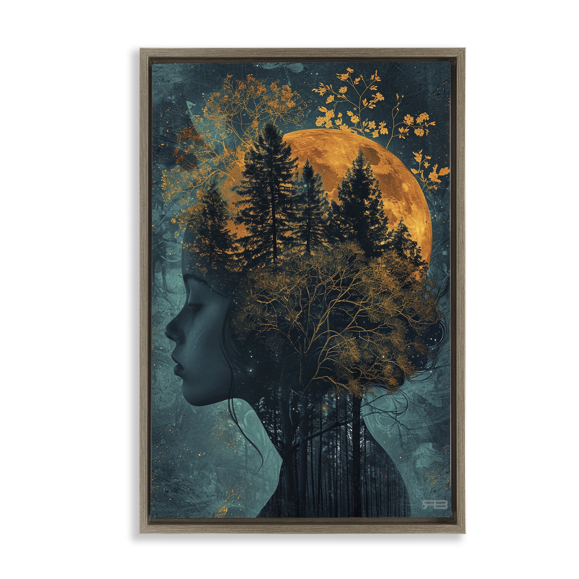 Stupell Industries Visage of Woman with Nature People Painting Brown Floater Framed Canvas Art Print Wall Art, 17 x 25