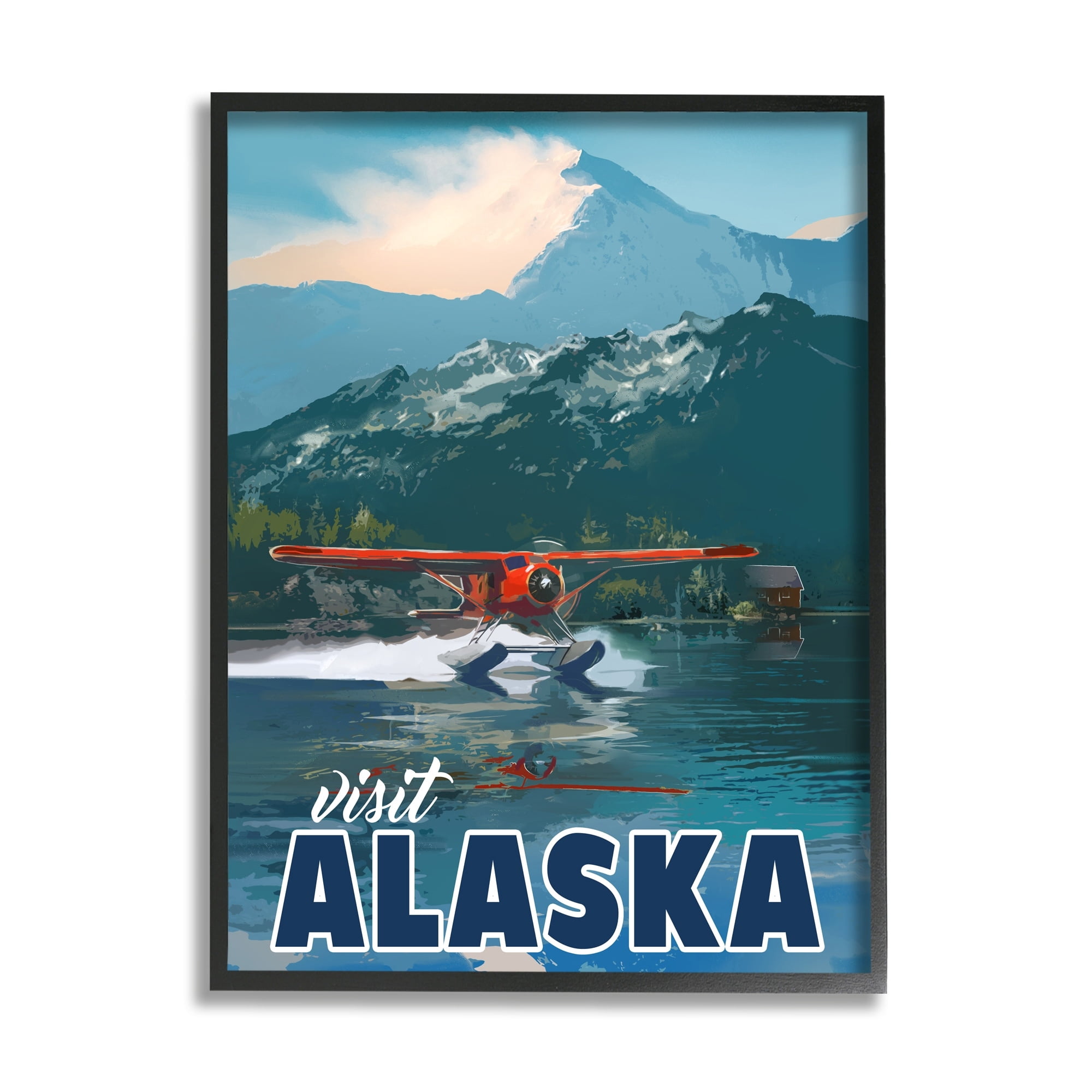 Stupell Industries Visit Alaska Seaplane Landing Snowy Mountain Scenery Graphic Art Black Framed Art Print Wall Art, Design by David Owens Illustration