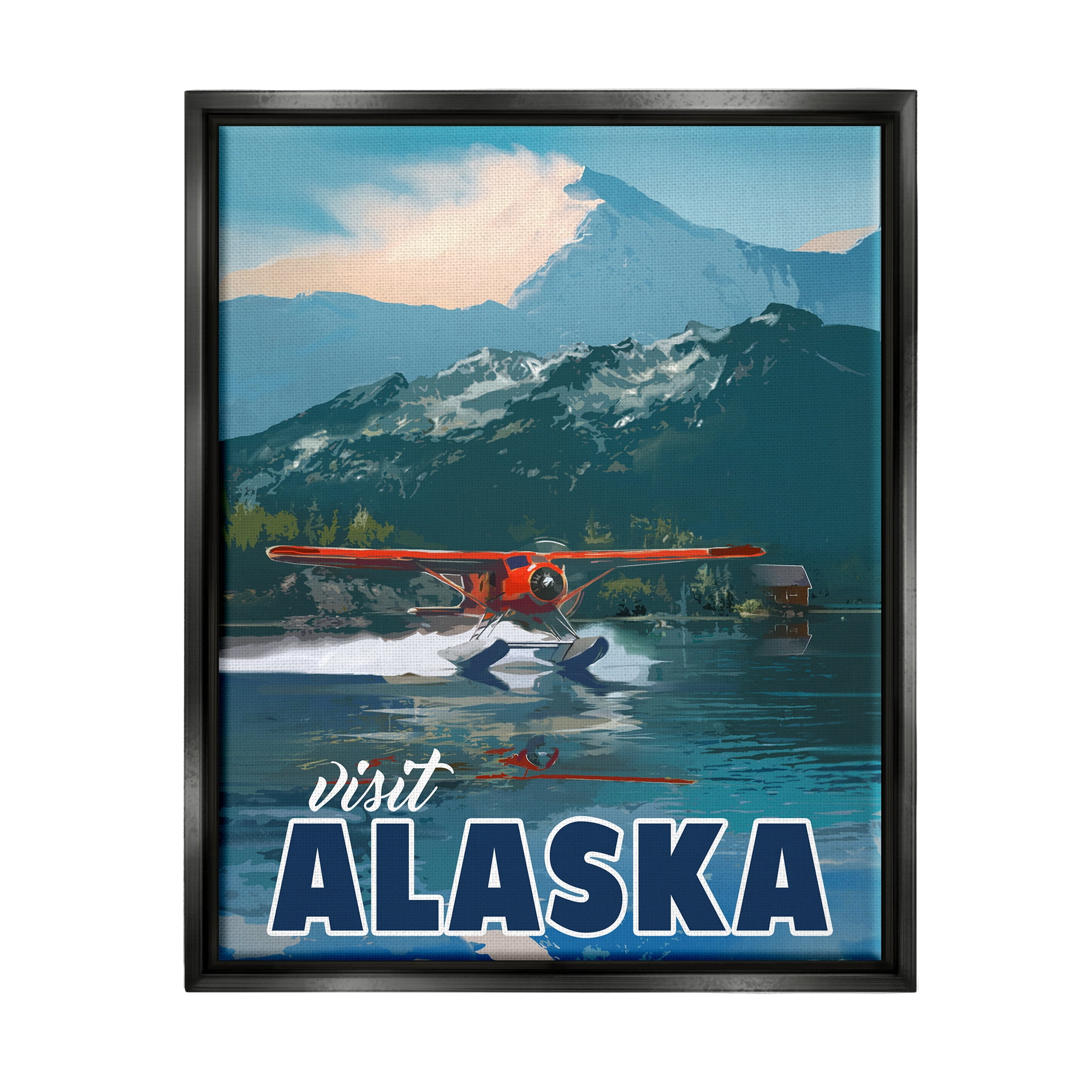 Stupell Industries Visit Alaska Seaplane Landing Snowy Mountain Scenery Graphic Art Jet Black Floating Framed Canvas Print Wall Art, Design by David Owens Illustration