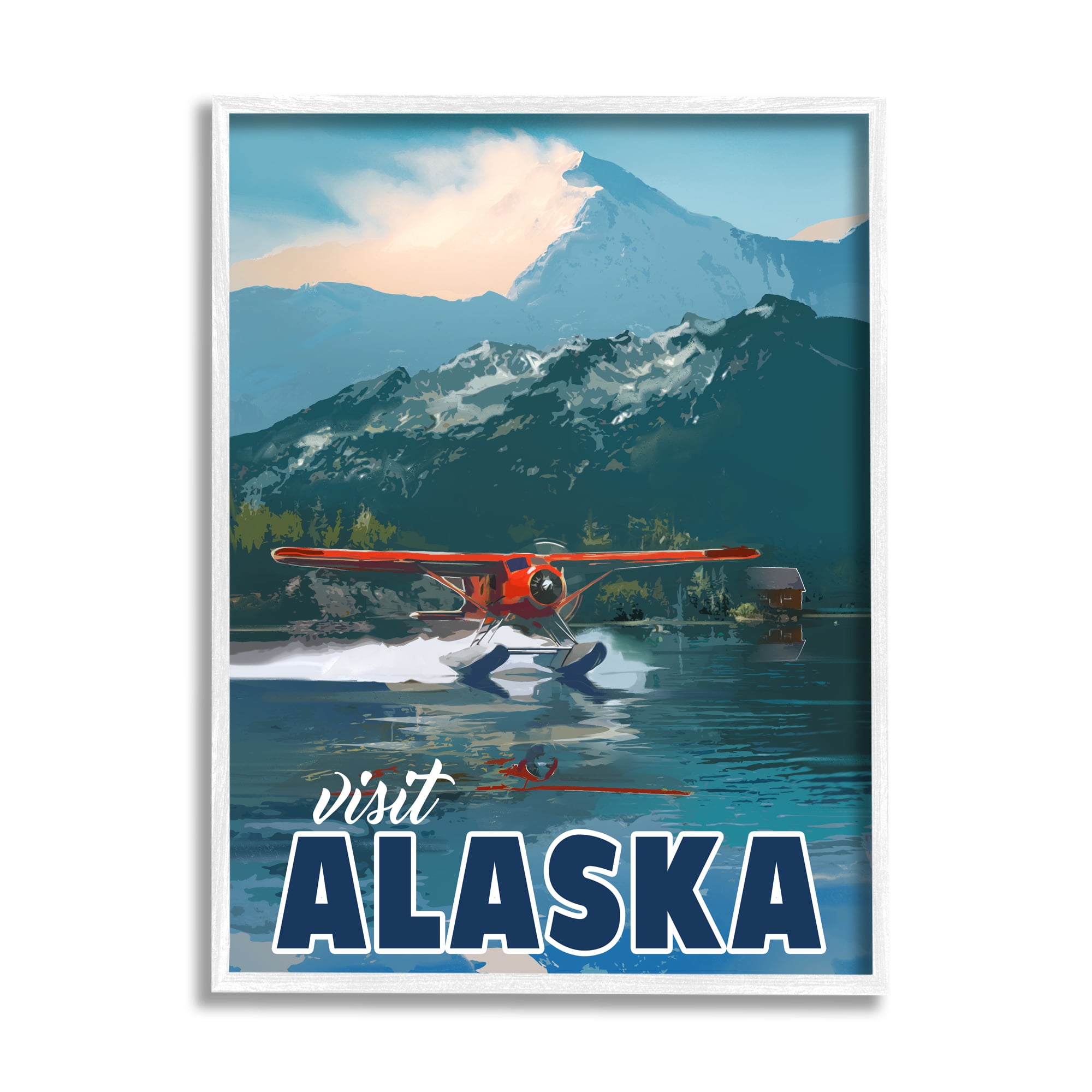 Stupell Industries Visit Alaska Seaplane Landing Snowy Mountain Scenery Graphic Art White Framed Art Print Wall Art, Design by David Owens Illustration
