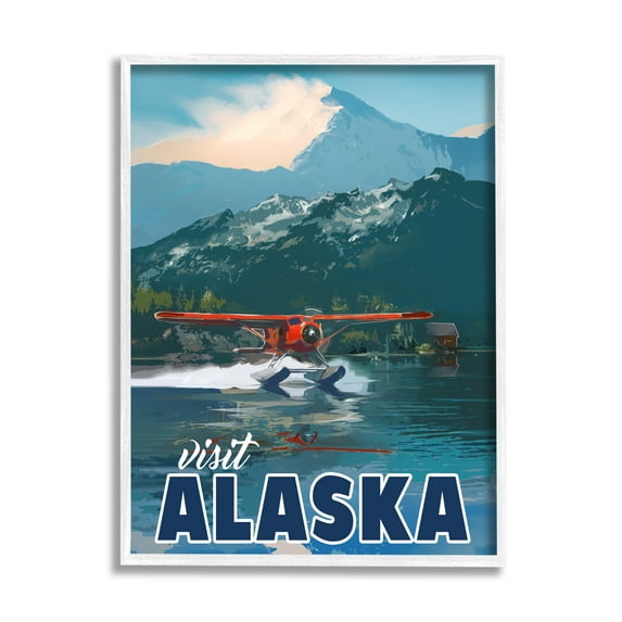 Stupell Industries Visit Alaska Seaplane Landing Snowy Mountain Scenery Graphic Art White Framed Art Print Wall Art, Design by David Owens Illustration