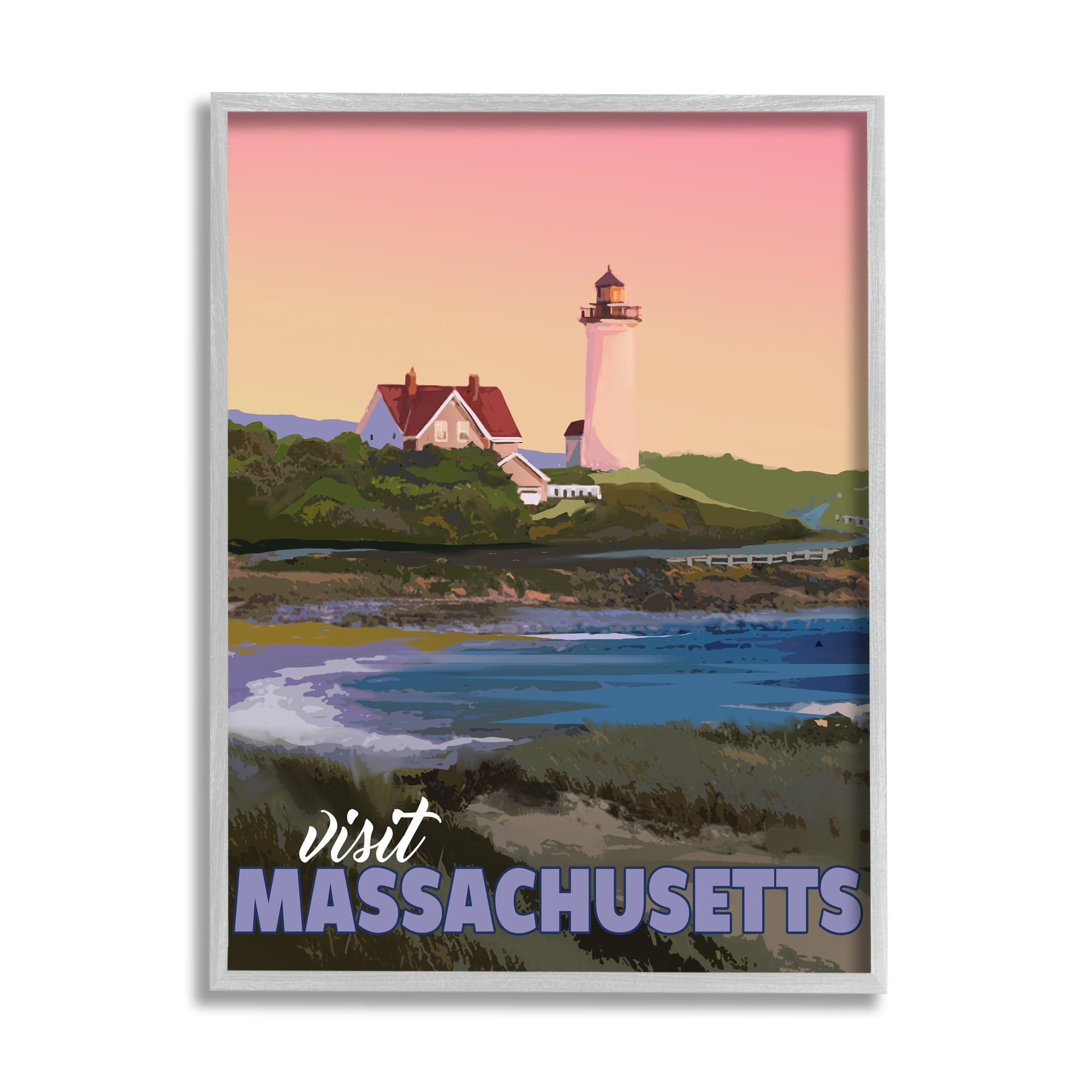 Stupell Industries Visit Massachusetts Pink Sunset Sky Ocean Inlet Graphic Art Gray Framed Art Print Wall Art, Design by David Owens Illustration