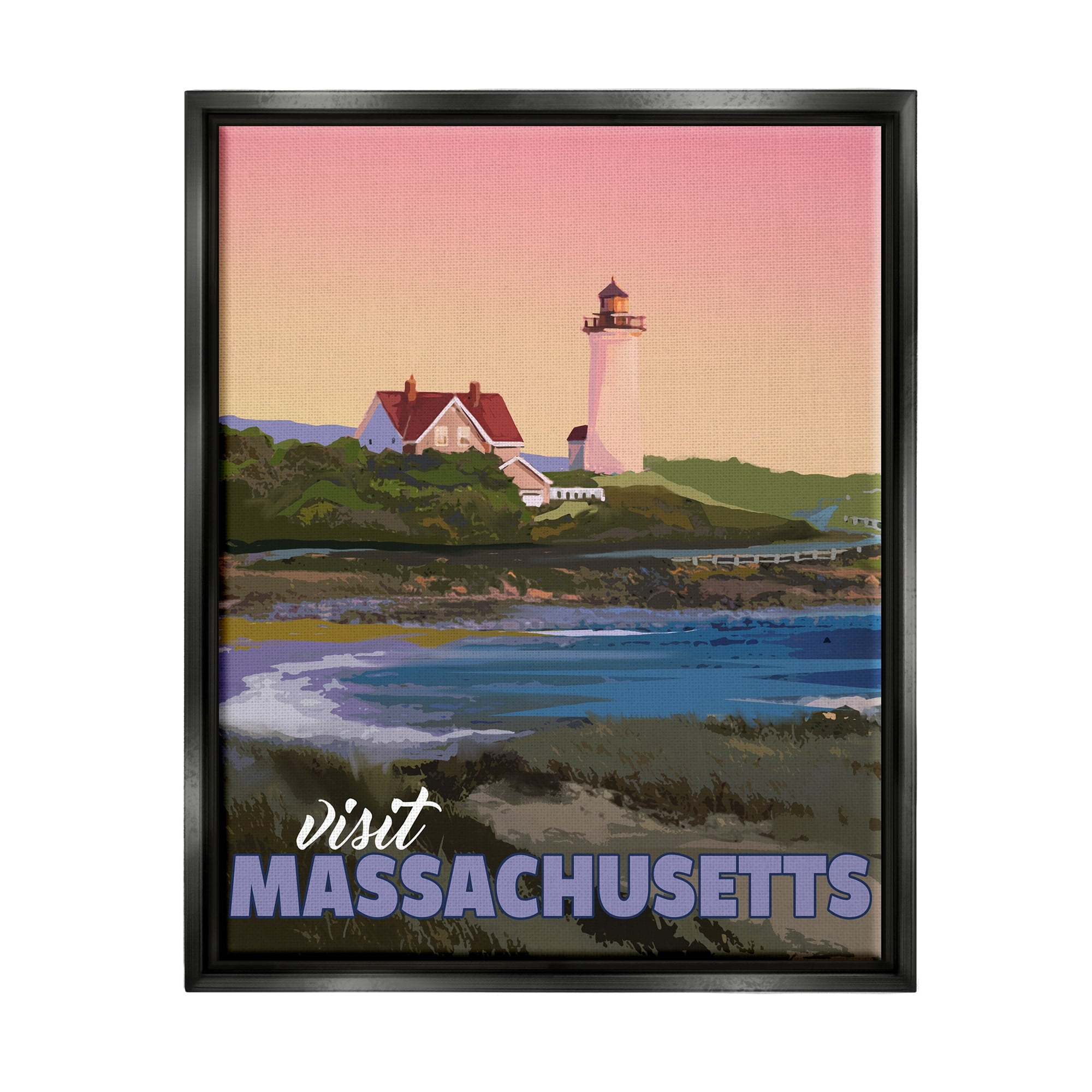 Stupell Industries Visit Massachusetts Pink Sunset Sky Ocean Inlet Graphic Art Jet Black Floating Framed Canvas Print Wall Art, Design by David Owens Illustration