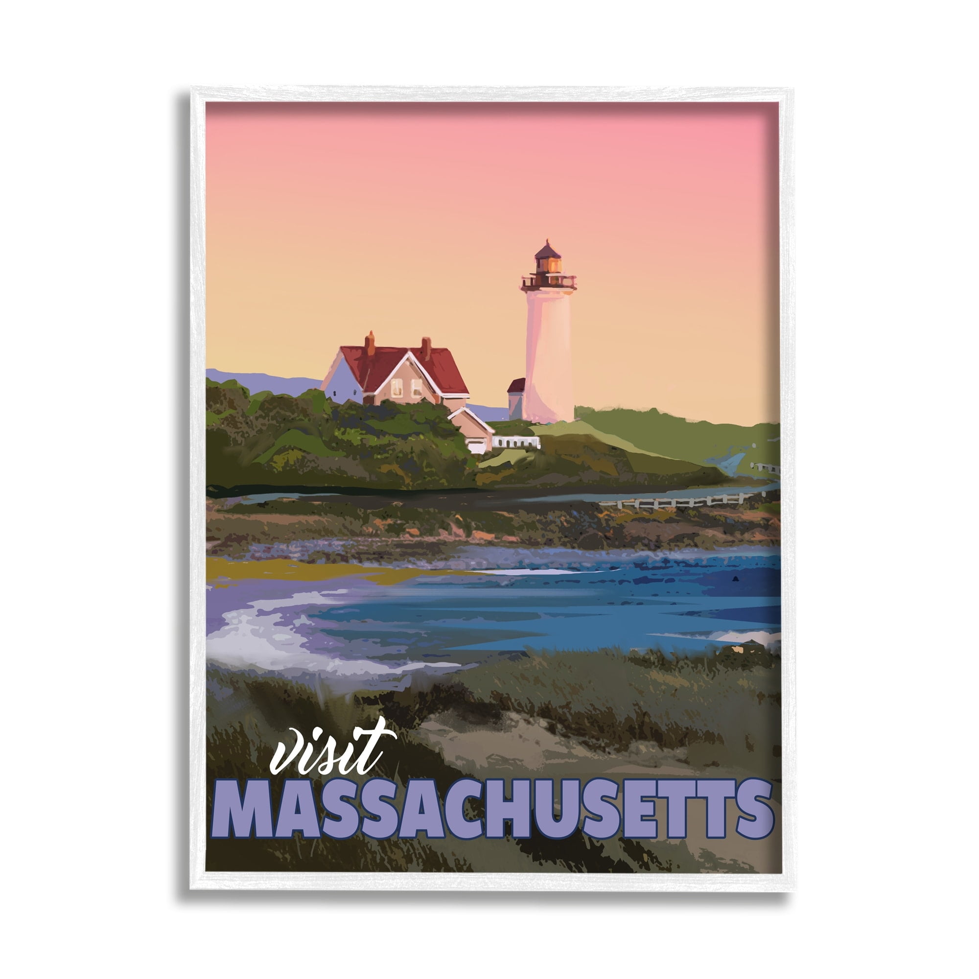 Stupell Industries Visit Massachusetts Pink Sunset Sky Ocean Inlet Graphic Art White Framed Art Print Wall Art, Design by David Owens Illustration
