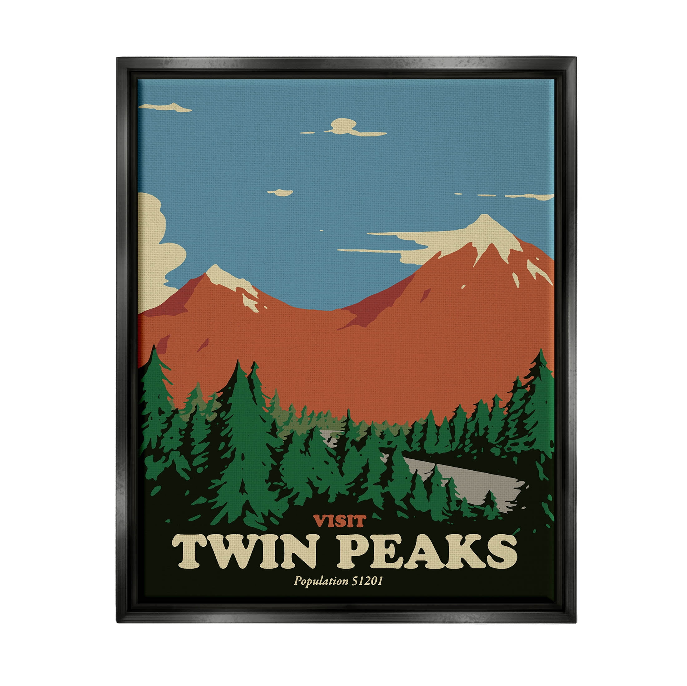 Stupell Industries Visit Twin Peaks Mountain Landscape Graphic Art Jet Black Floating Framed Canvas Print Wall Art, Design by Matheus Lopes Castro